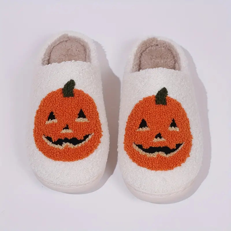 Halloween Carved Pumpkin Home Slippers Soft Plush Cozy House Slippers Anti-skid Slip-on Shoes Indoor For Men Winter Shoes SL0808 03