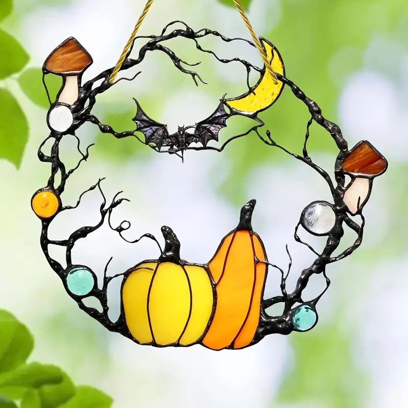 Halloween Suncatcher - Horror Themed Plastic Pumpkin Bat Moon Design, Stained Glass Style Acrylic Transparent Window Hanging Decor, Multipurpose Home & Wall Decoration, Ideal for Seasonal & Housewarming ORHA2408