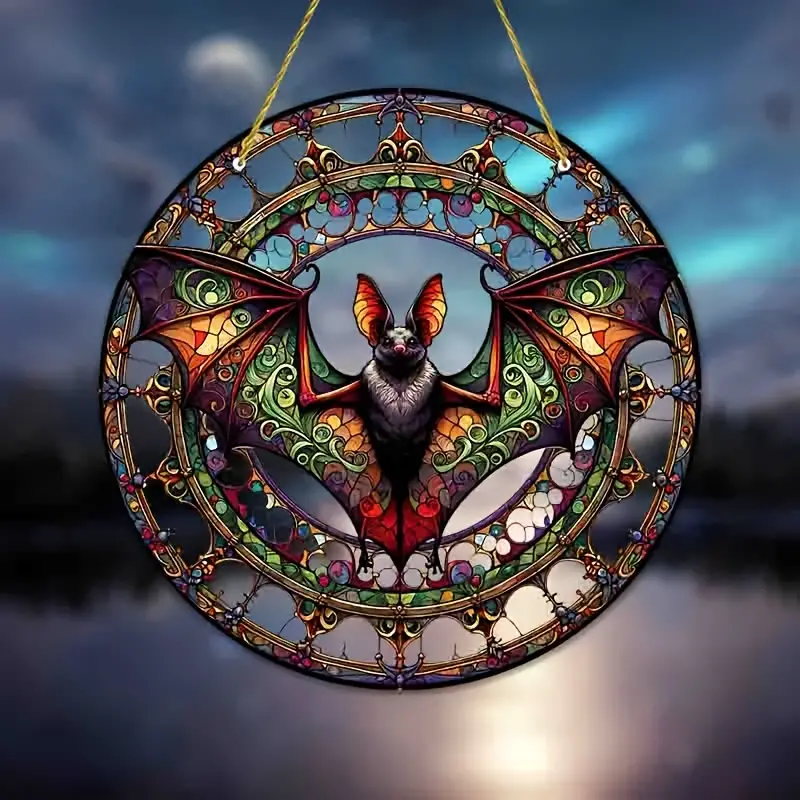 [Halloween] 1pc, Vibrant Bats Suncatcher - 9''x9'' Stained Window Hanging Ornament with Gothic Style - Halloween Decoration, Wall Art, Garden, Yard, Living Room, Bedroom Decor, Holiday Party Accessory, Bi ORHA2408