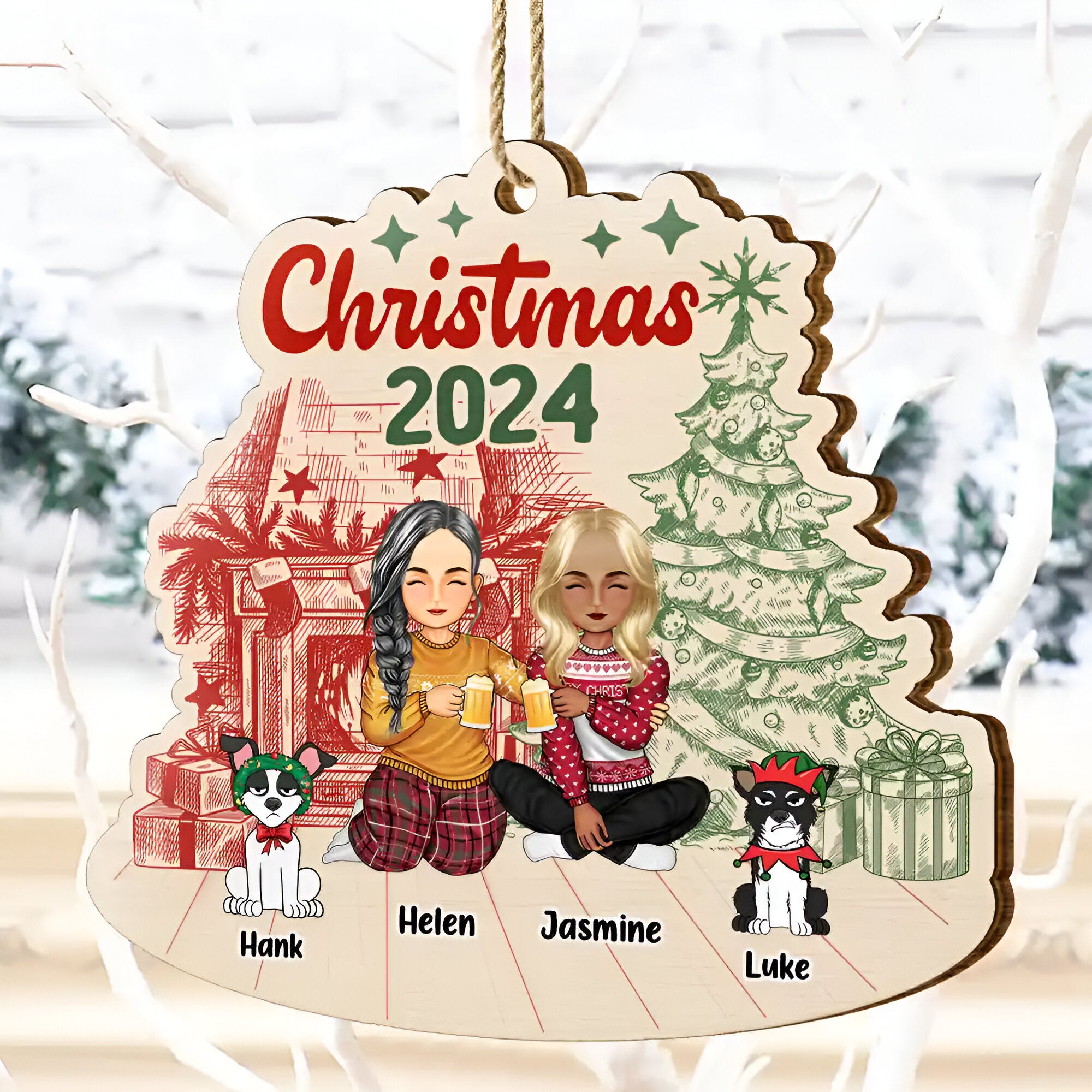 Family 2024 Red Green - Personalized Custom Shaped Wooden Ornament ORN02101