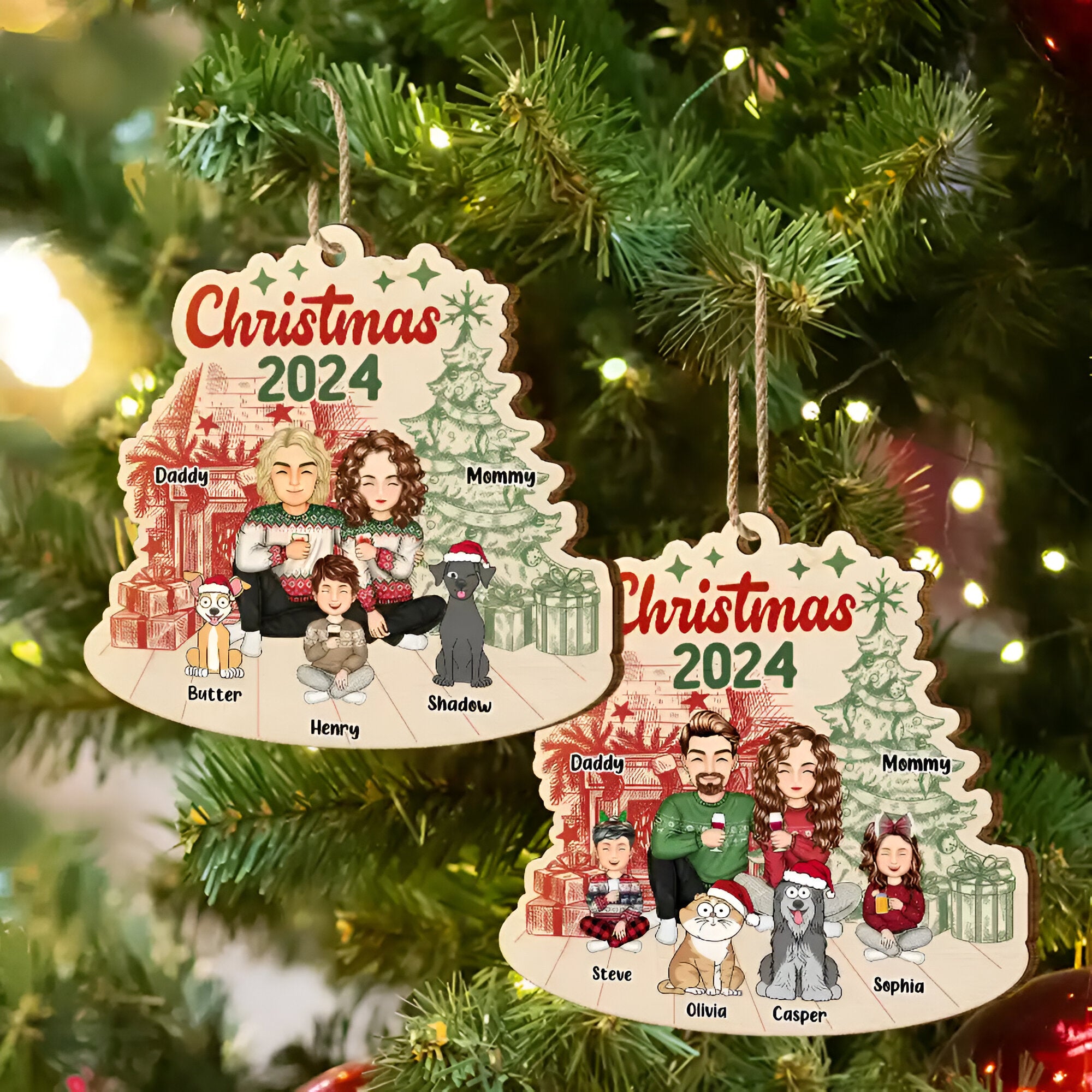 Family 2024 Red Green - Personalized Custom Shaped Wooden Ornament ORN02101