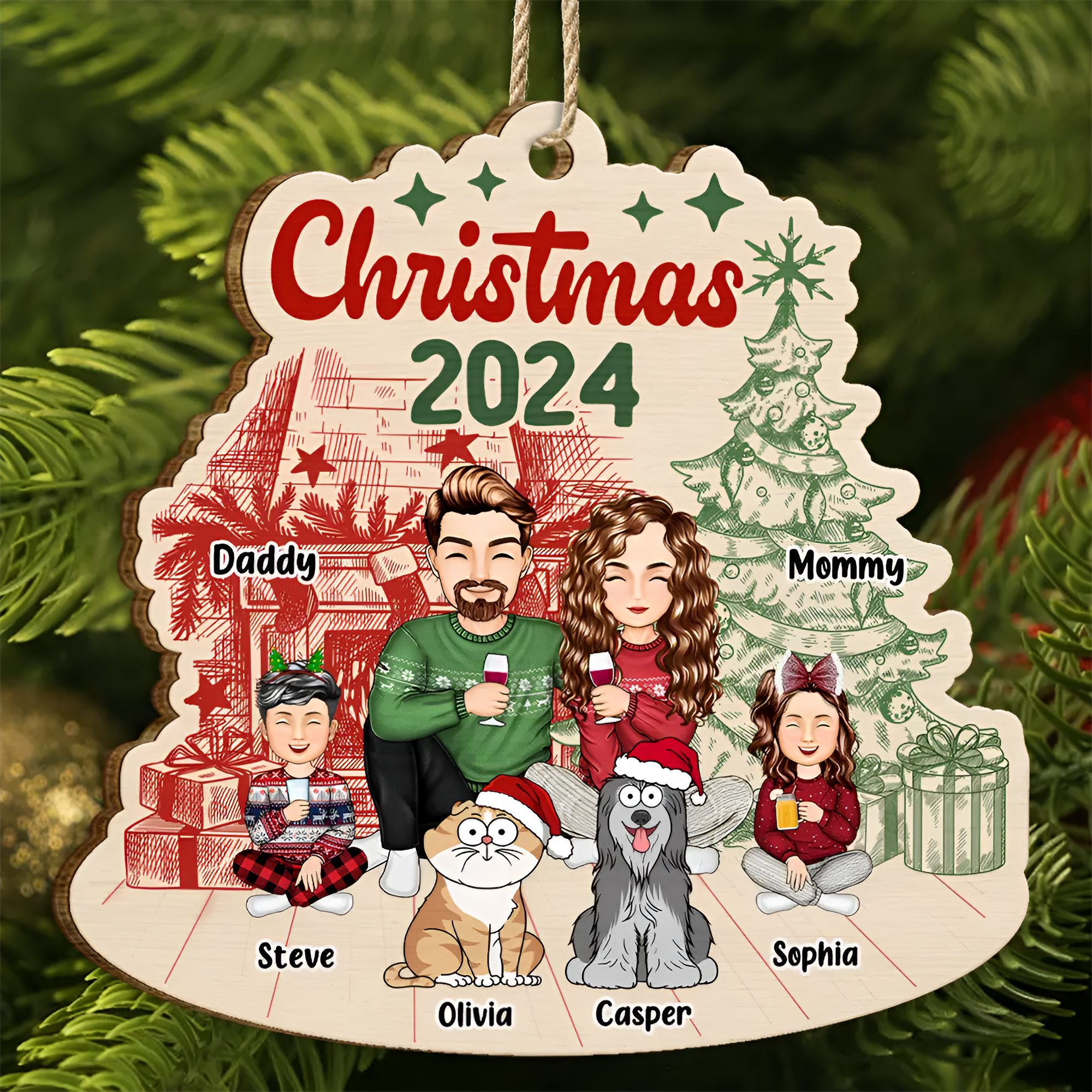Family 2024 Red Green - Personalized Custom Shaped Wooden Ornament ORN02101