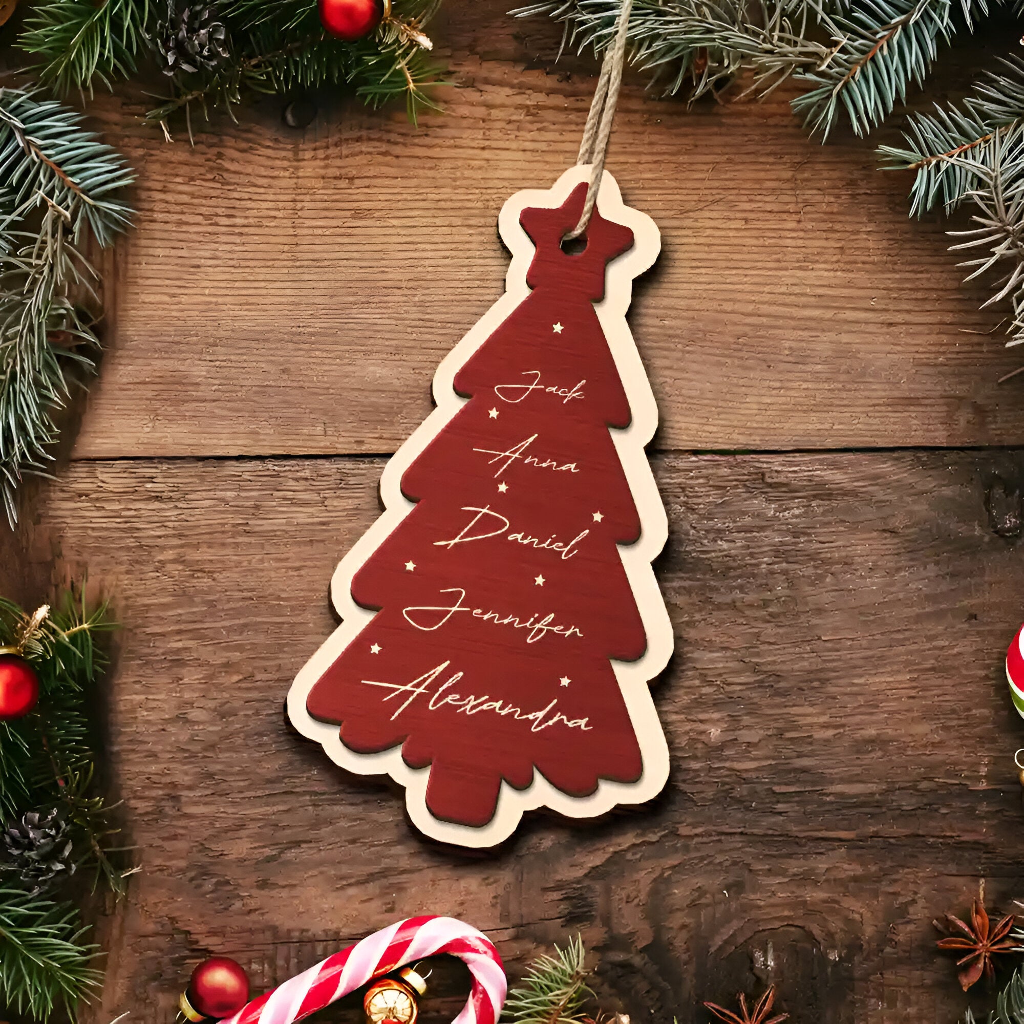 Family Bestie Coworker Names Christmas Tree - Personalized 2-Layered Wooden Ornament ORN0310