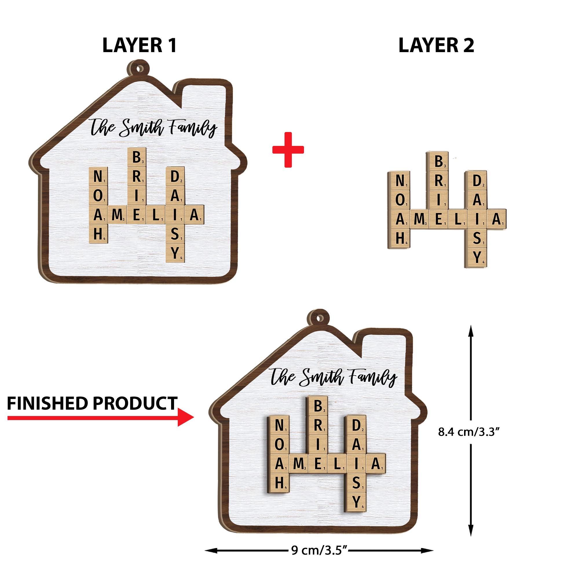 Family Crossword Puzzle Art Personalized House Shaped 2-Layer Wooden Ornament, Christmas Gift For Grandma Mom, Custom Family Names Ornament OROC24