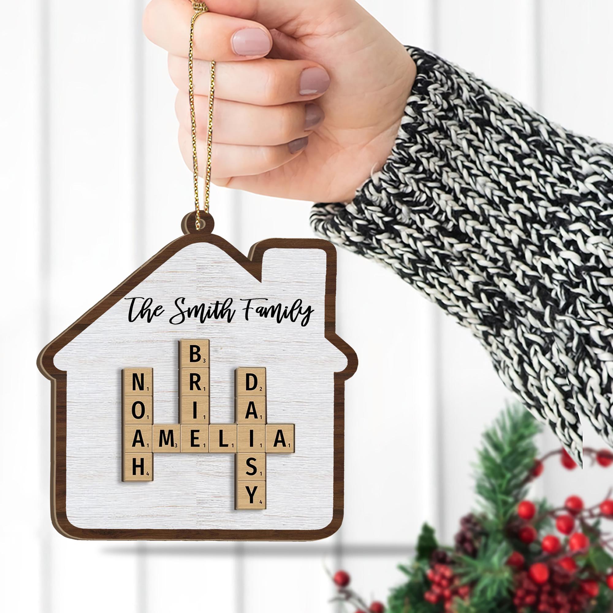 Family Crossword Puzzle Art Personalized House Shaped 2-Layer Wooden Ornament, Christmas Gift For Grandma Mom, Custom Family Names Ornament OROC24