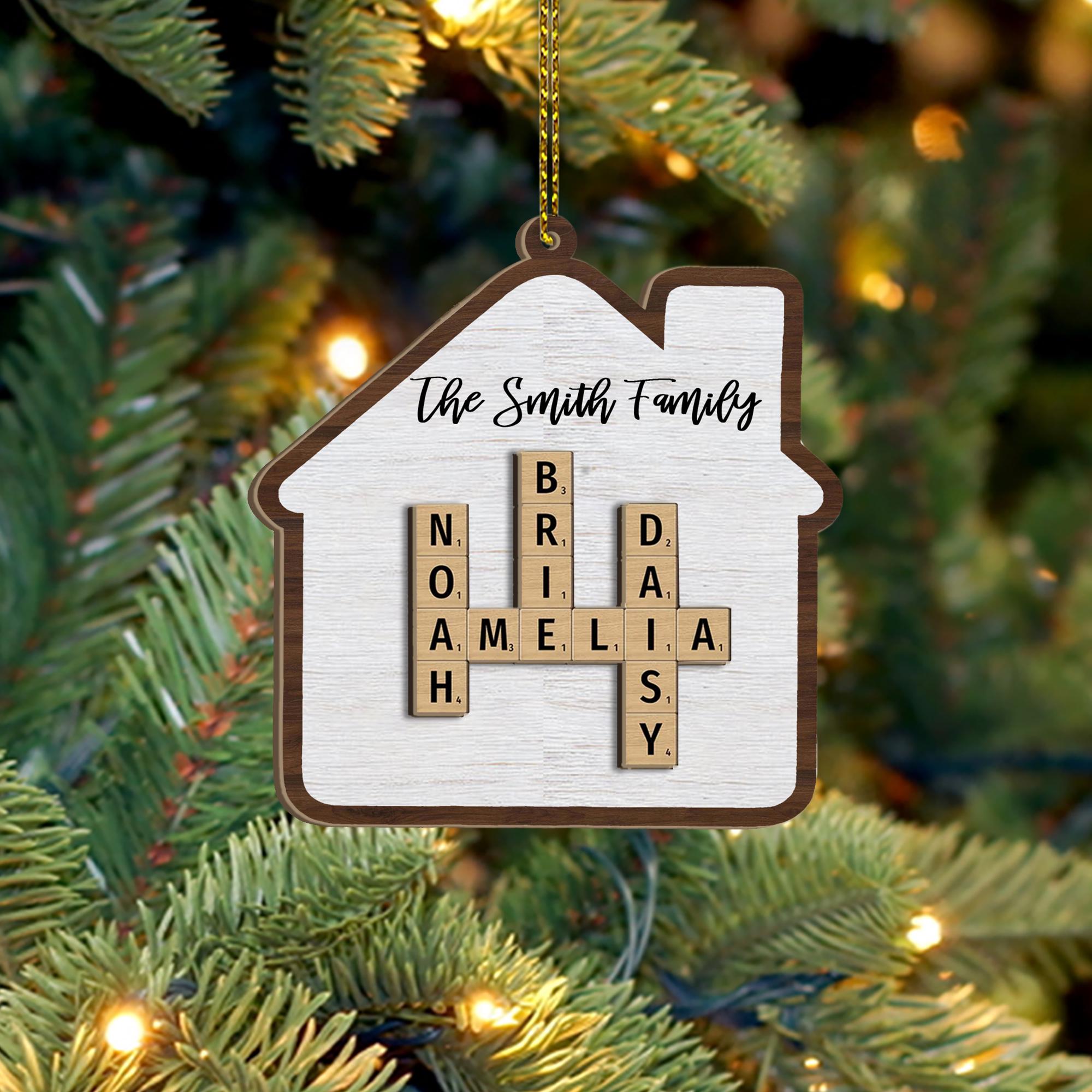 Family Crossword Puzzle Art Personalized House Shaped 2-Layer Wooden Ornament, Christmas Gift For Grandma Mom, Custom Family Names Ornament OROC24