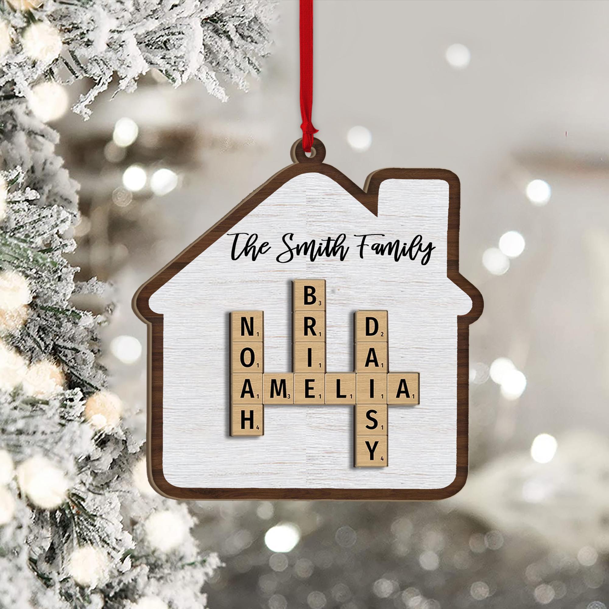 Family Crossword Puzzle Art Personalized House Shaped 2-Layer Wooden Ornament, Christmas Gift For Grandma Mom, Custom Family Names Ornament OROC24