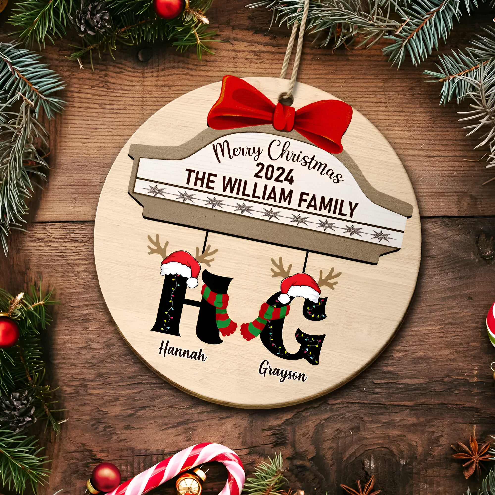 Family First Letter Name Monogram - Personalized Custom Shaped Wooden Ornament ORN0310