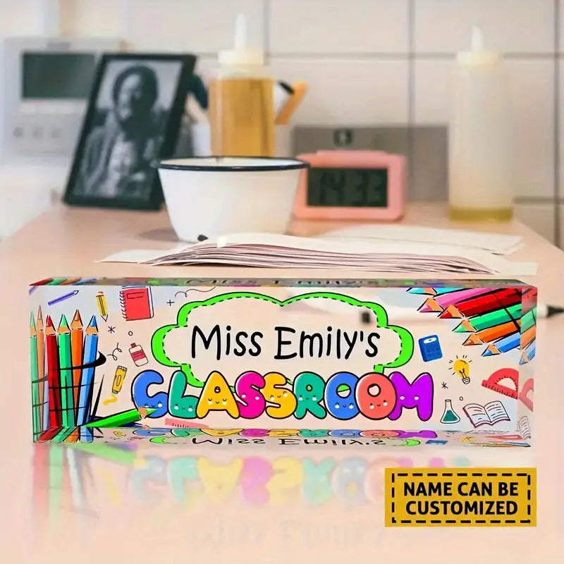 Customizable Acrylic Teacher Desk Sign - Miss Emily's Classroom Decorative Plaque, TC31J7