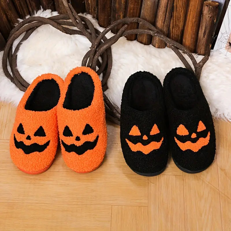 Cartoon Pumpkin Print Fuzzy Slippers, Slip On Soft Sole Platform Non-slip Shoes, Halloween Winter Plush Indoor Shoes SL0808 01