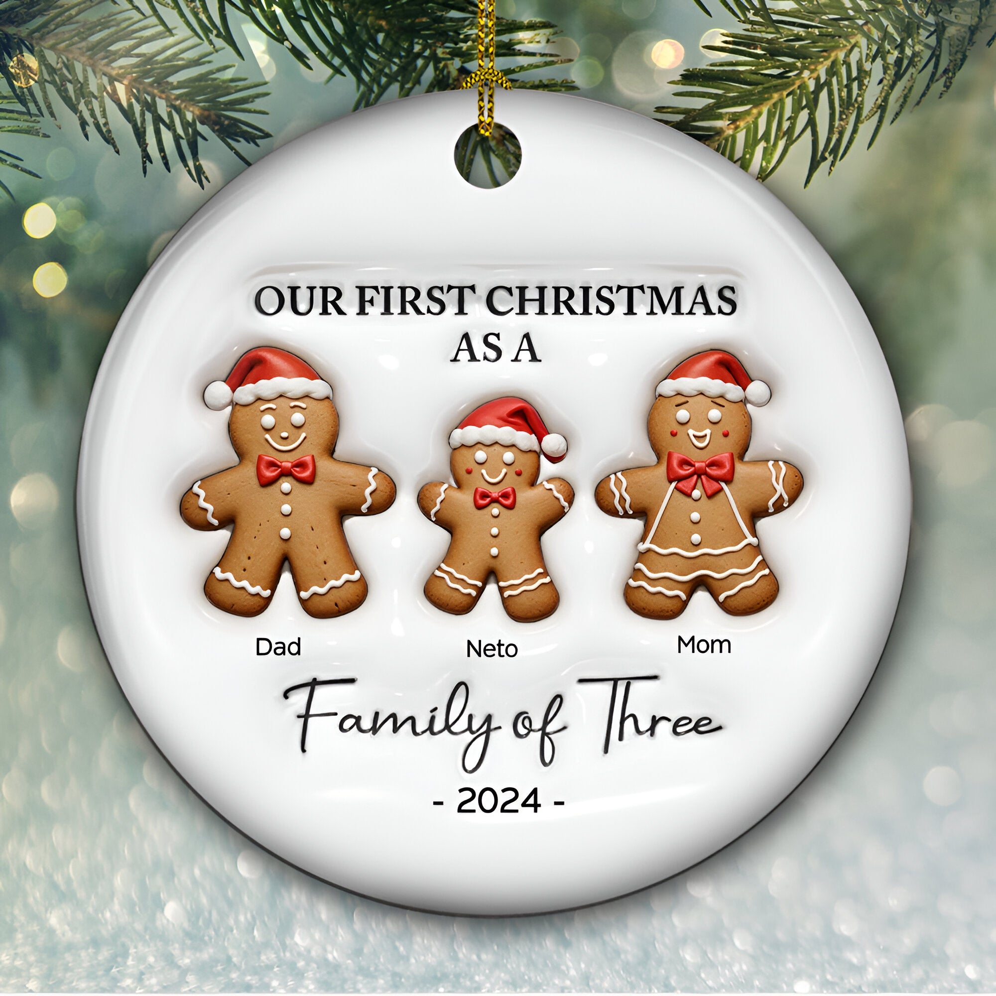 First Christmas As A Family Of Three Gingerbread - Personalized Custom 3D Inflated Effect Ceramic Ornament ORN0710