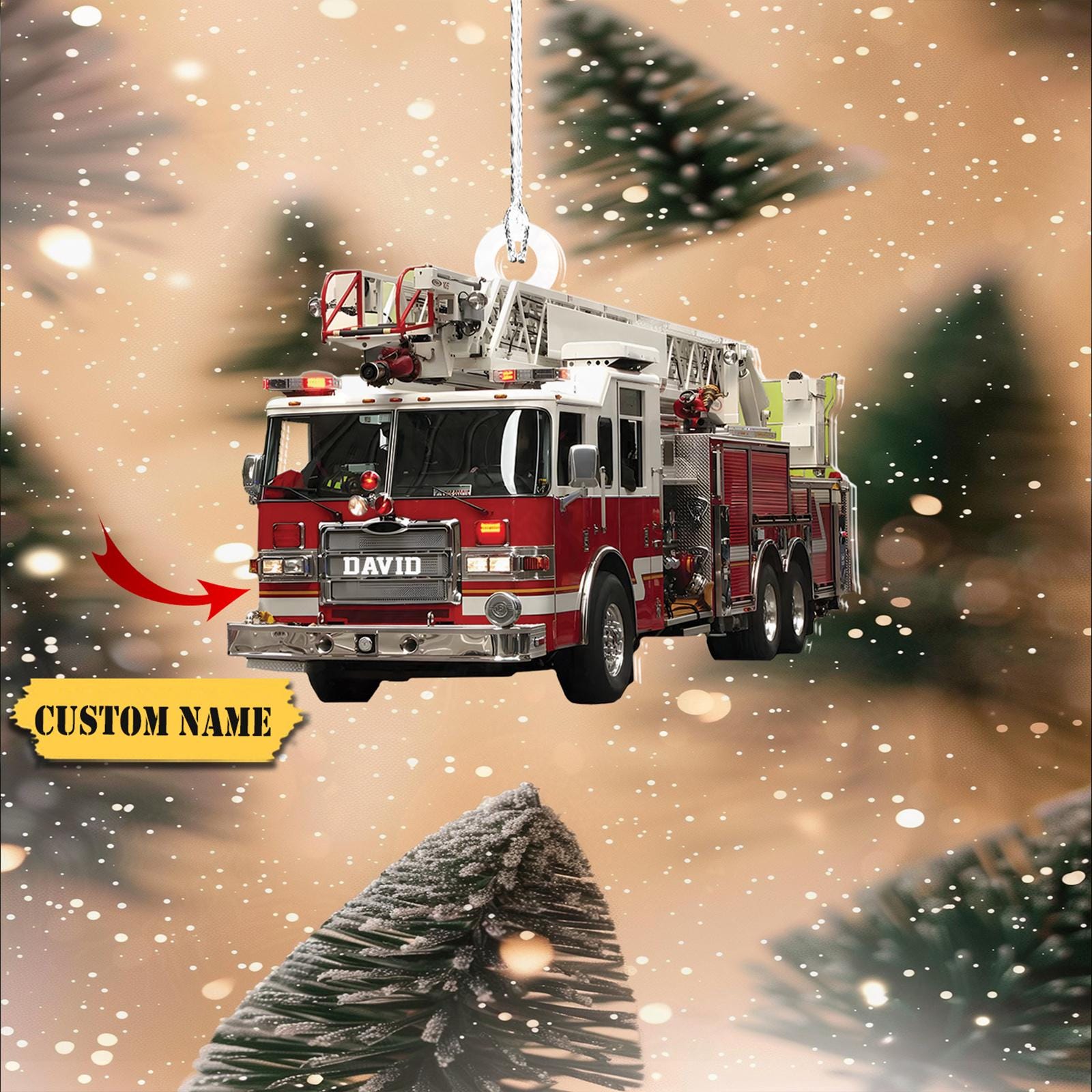 Fire Truck Personalized Mica Ornament 2D, Trucker Christmas Light Ornament, Customized 2024 Christmas Tree Decoration Gift For Firefighter HAOR0711