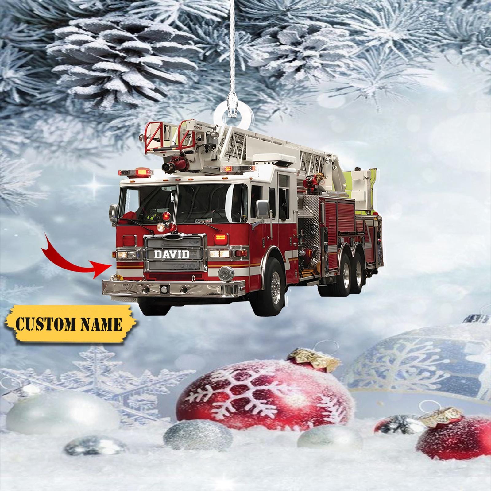 Fire Truck Personalized Mica Ornament 2D, Trucker Christmas Light Ornament, Customized 2024 Christmas Tree Decoration Gift For Firefighter HAOR0711