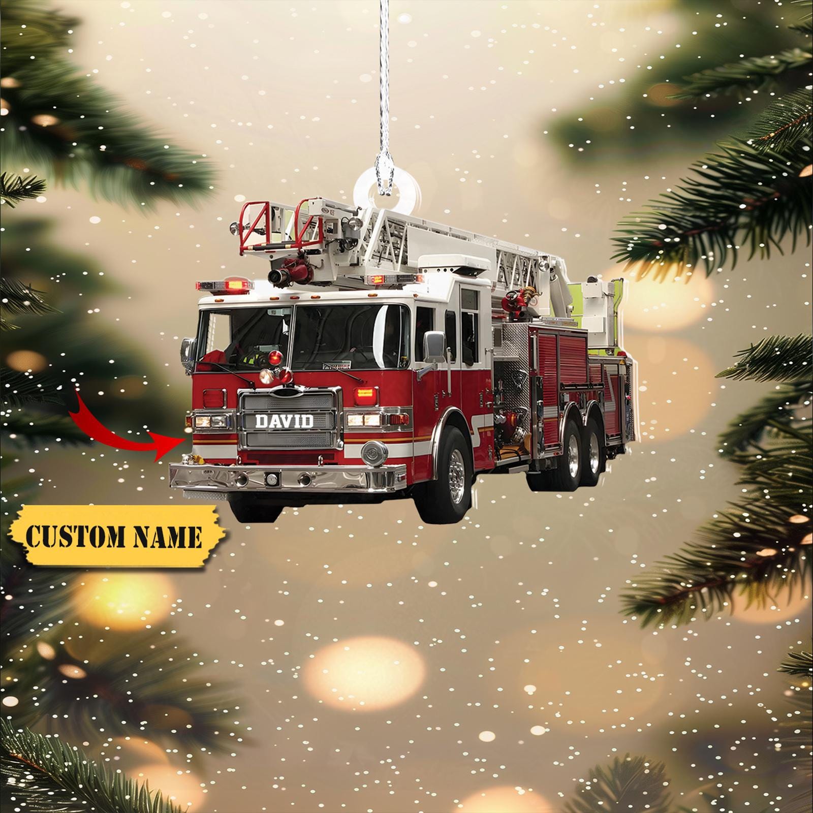 Fire Truck Personalized Mica Ornament 2D, Trucker Christmas Light Ornament, Customized 2024 Christmas Tree Decoration Gift For Firefighter HAOR0711