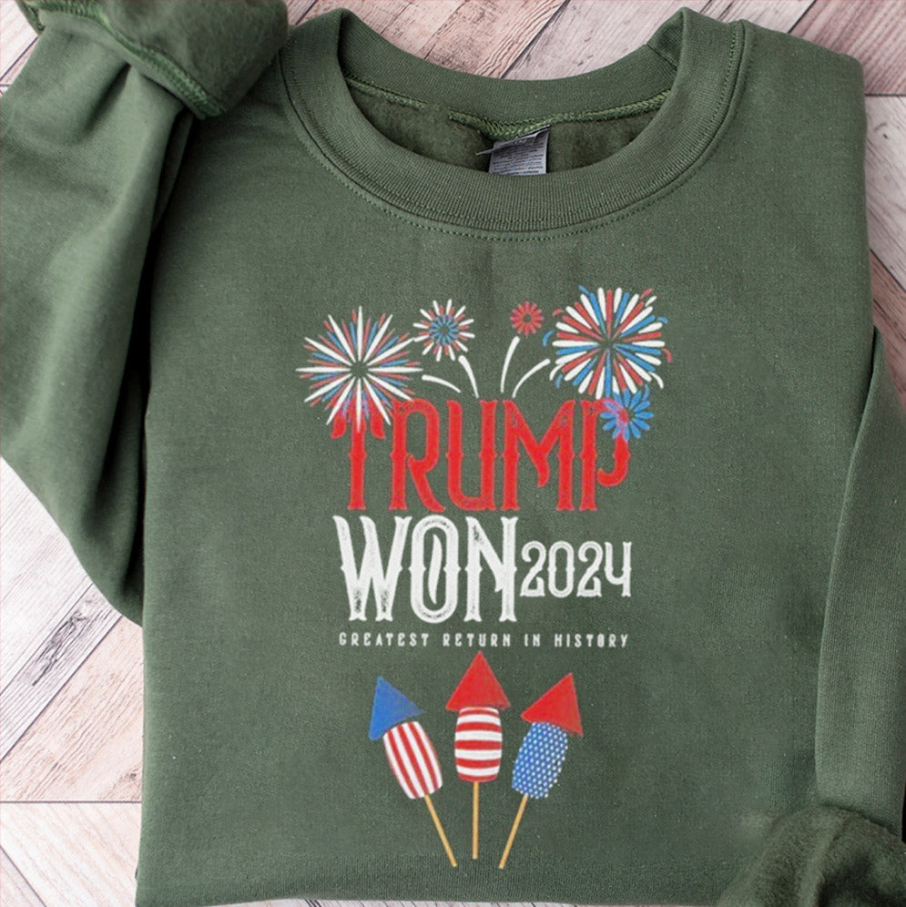Fireworks Celebration Trump Won 2024 Greatest Return In History Shirt, Sweatshirt, Hoodie And Tanktop, Trump Won Shirt