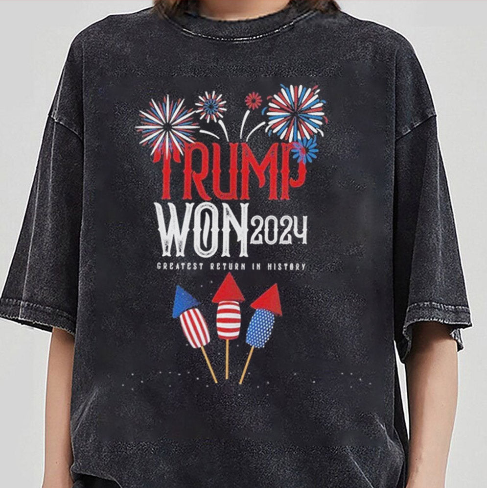 Fireworks Celebration Trump Won 2024 Greatest Return In History Shirt, Sweatshirt, Hoodie And Tanktop, Trump Won Shirt