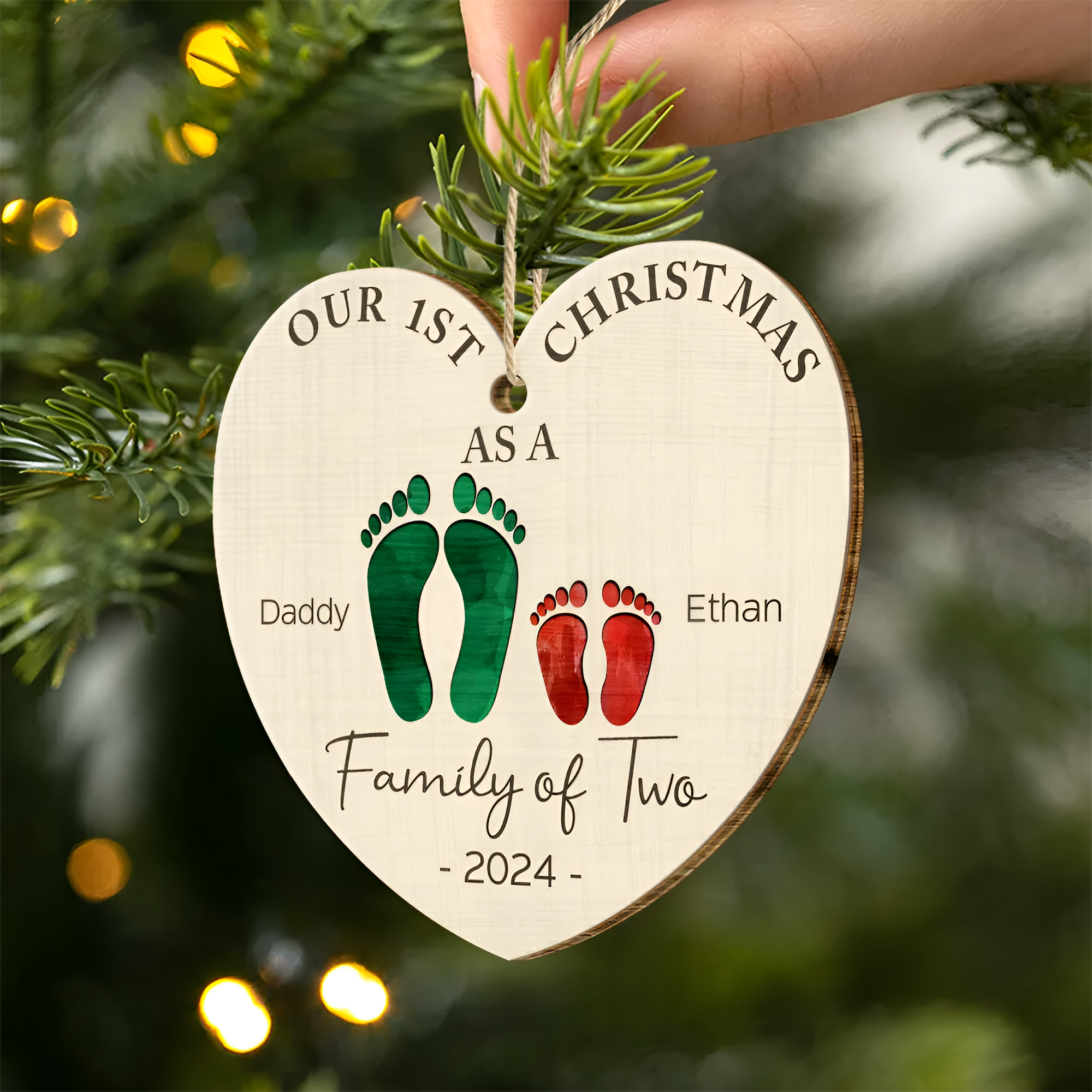 First Christmas As A Family Of Four Color Footprints - Personalized Custom Shaped Wooden Ornament ORN02101