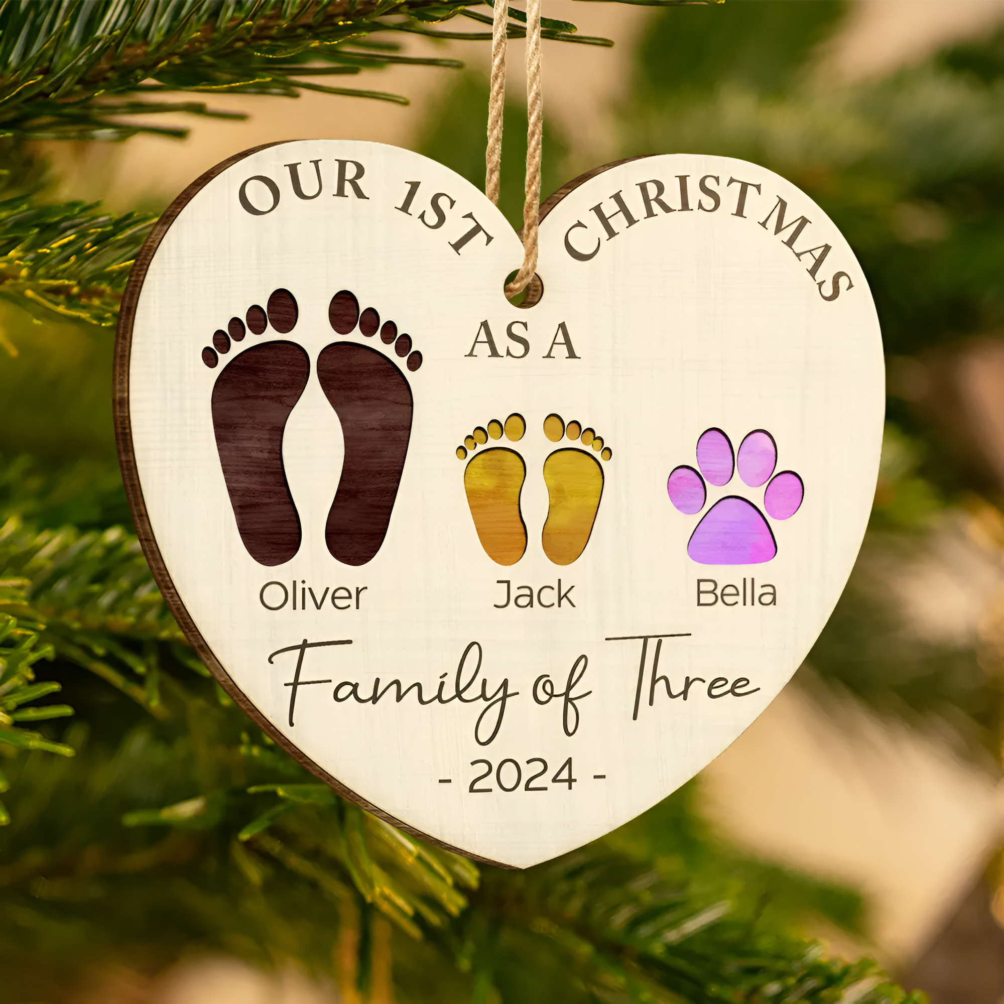First Christmas As A Family Of Four Color Footprints - Personalized Custom Shaped Wooden Ornament ORN02101