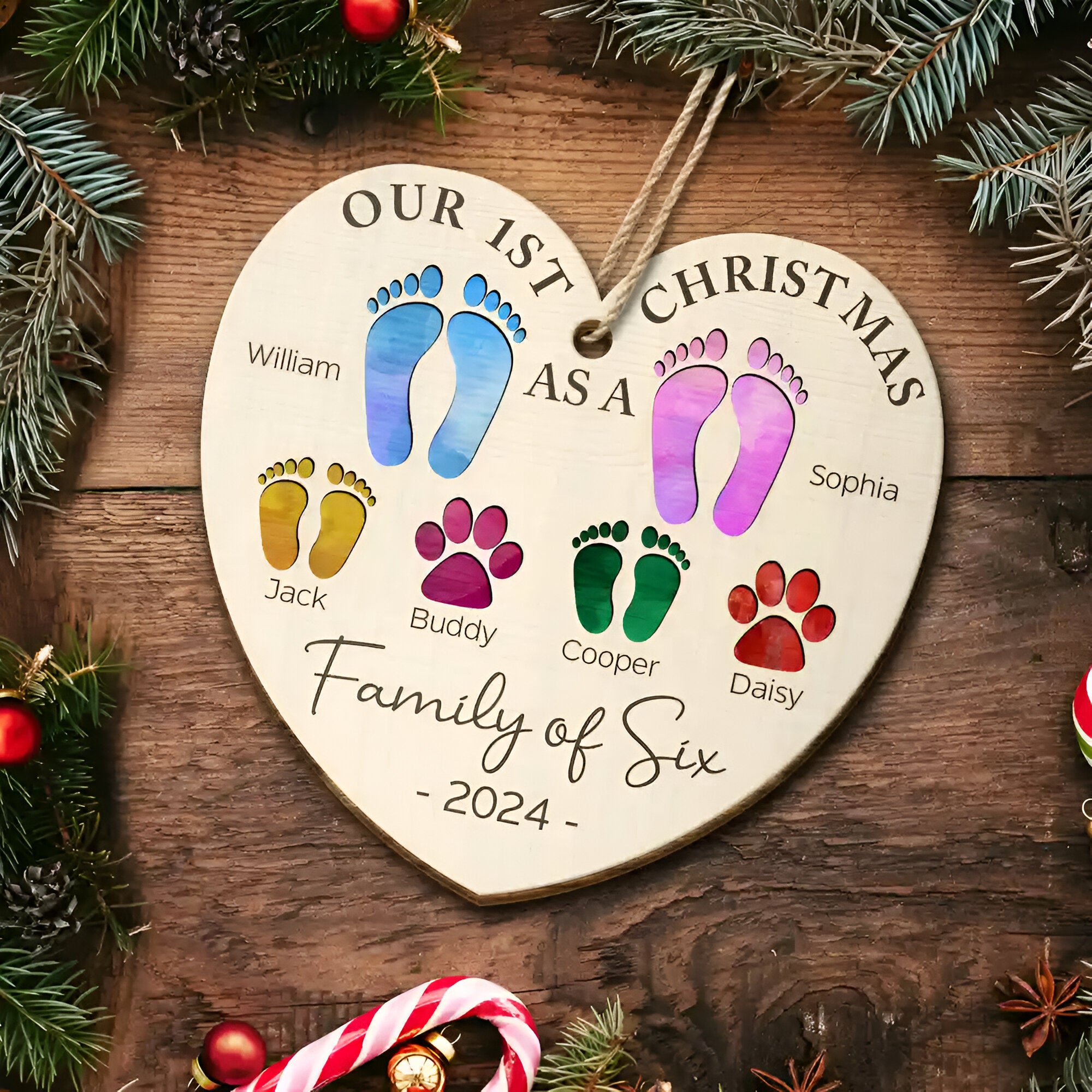 First Christmas As A Family Of Four Color Footprints - Personalized Custom Shaped Wooden Ornament ORN02101