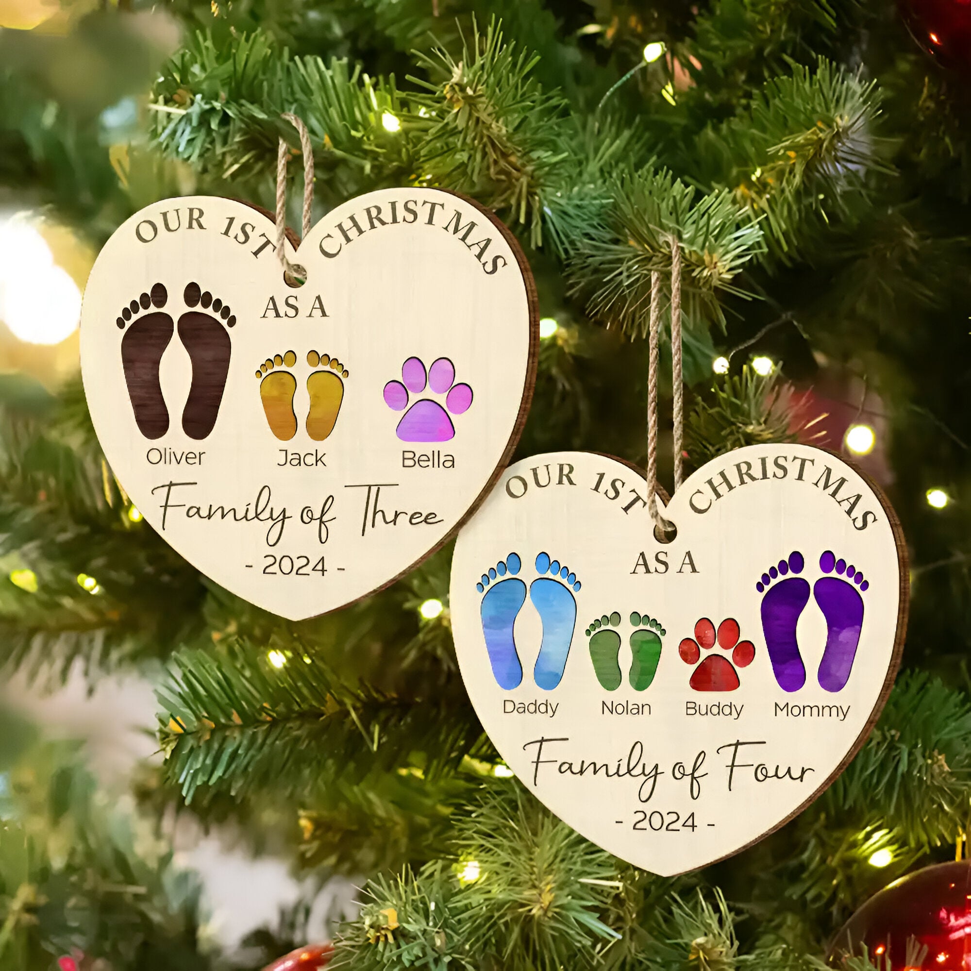 First Christmas As A Family Of Four Color Footprints - Personalized Custom Shaped Wooden Ornament ORN02101