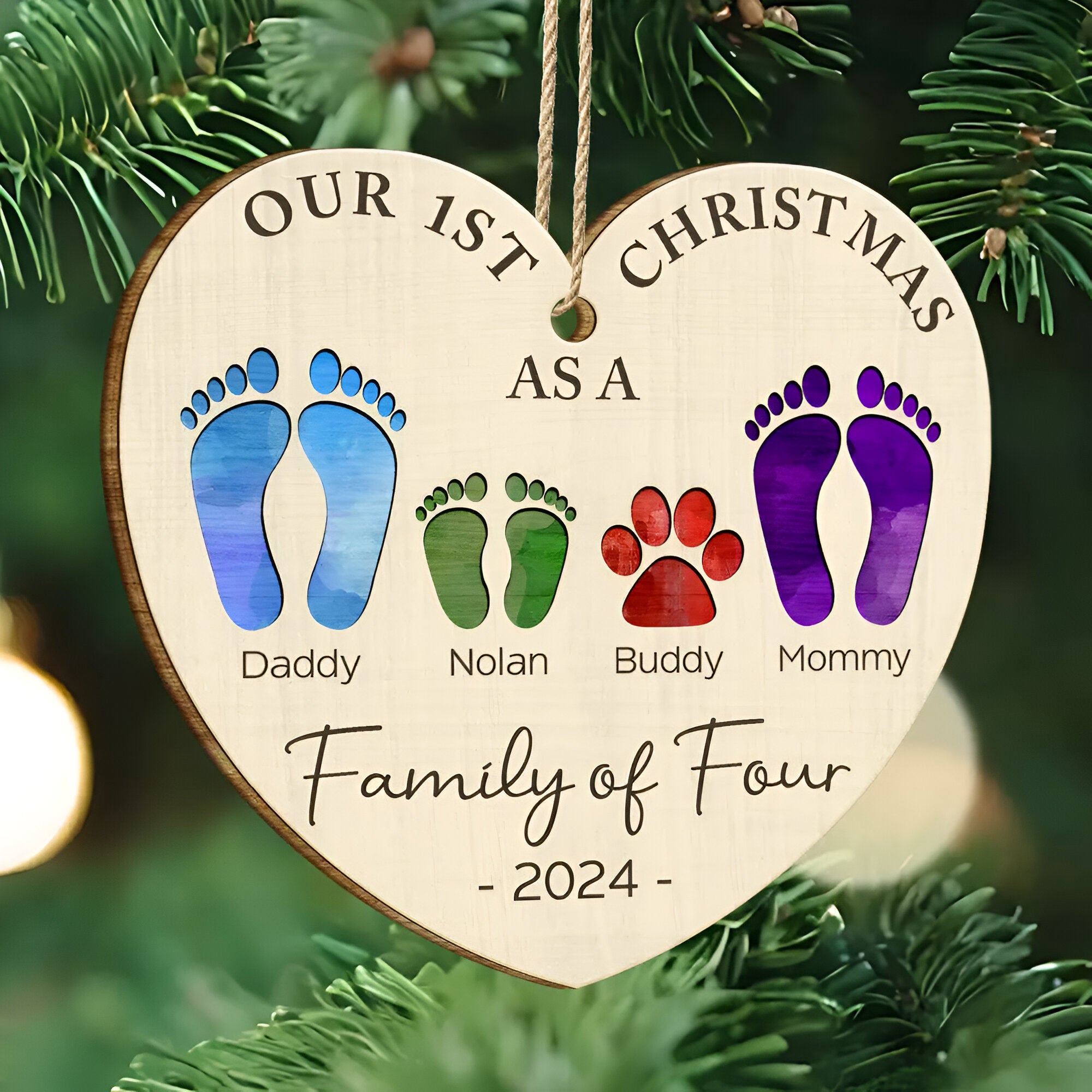 First Christmas As A Family Of Four Color Footprints - Personalized Custom Shaped Wooden Ornament ORN02101