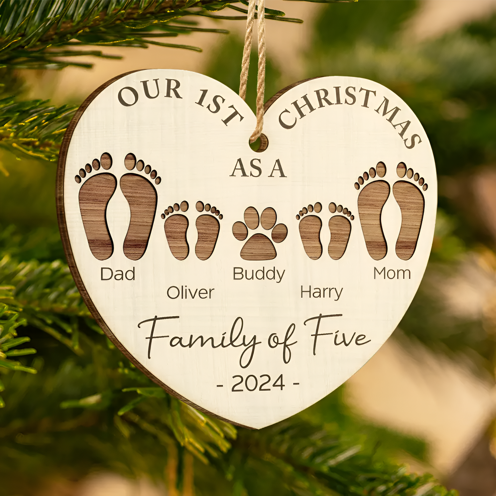 First Christmas As A Family Of Four Footprints - Personalized Custom Shaped Wooden Ornament ORN02101