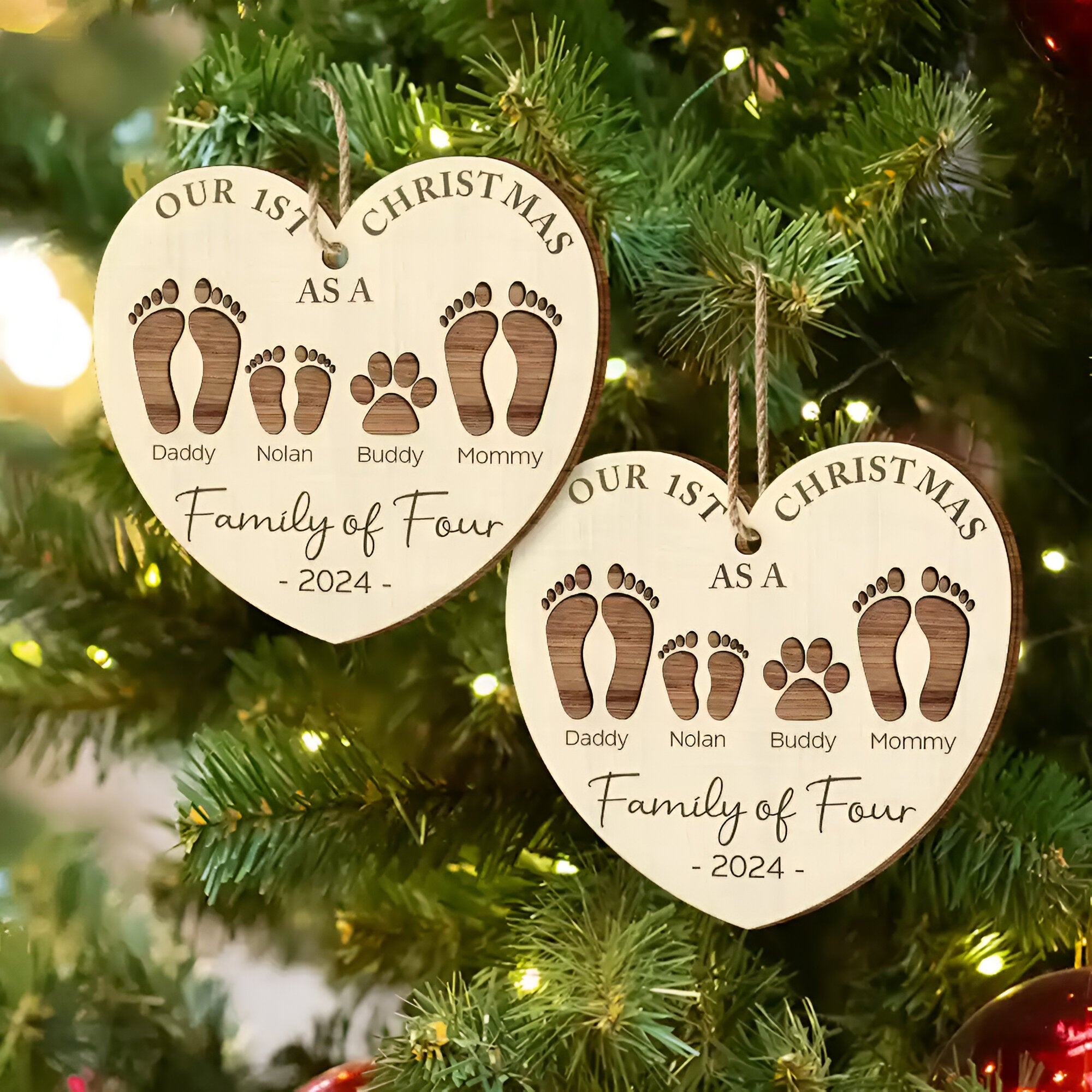 First Christmas As A Family Of Four Footprints - Personalized Custom Shaped Wooden Ornament ORN02101