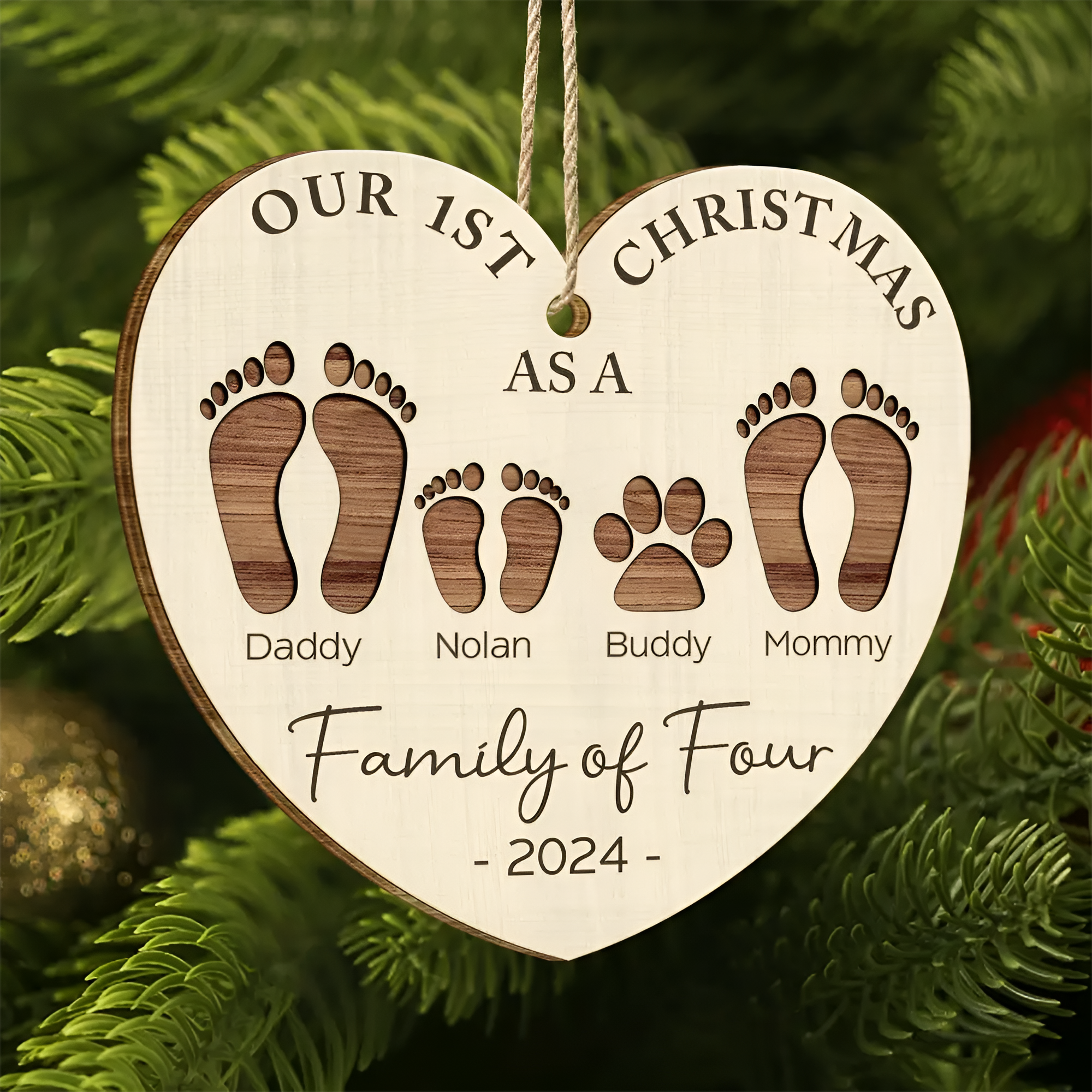 First Christmas As A Family Of Four Footprints - Personalized Custom Shaped Wooden Ornament ORN02101