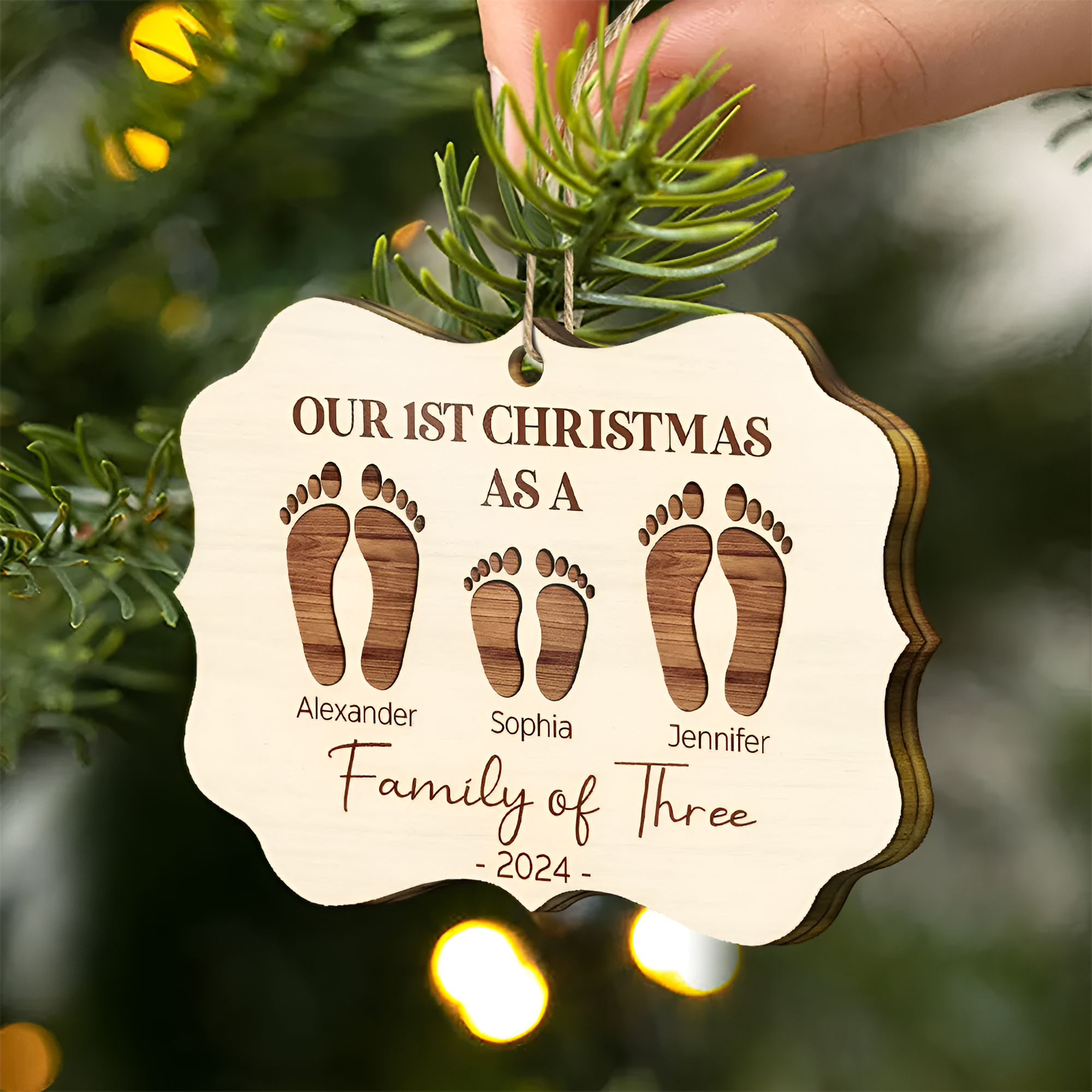 First Christmas As A Family Of Four Footprints - Personalized Medallion Wooden Ornament ORN02101