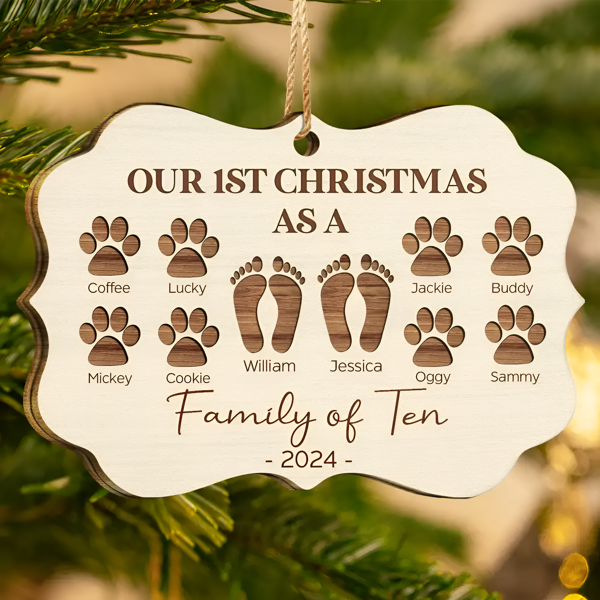 First Christmas As A Family Of Four Footprints - Personalized Medallion Wooden Ornament ORN02101