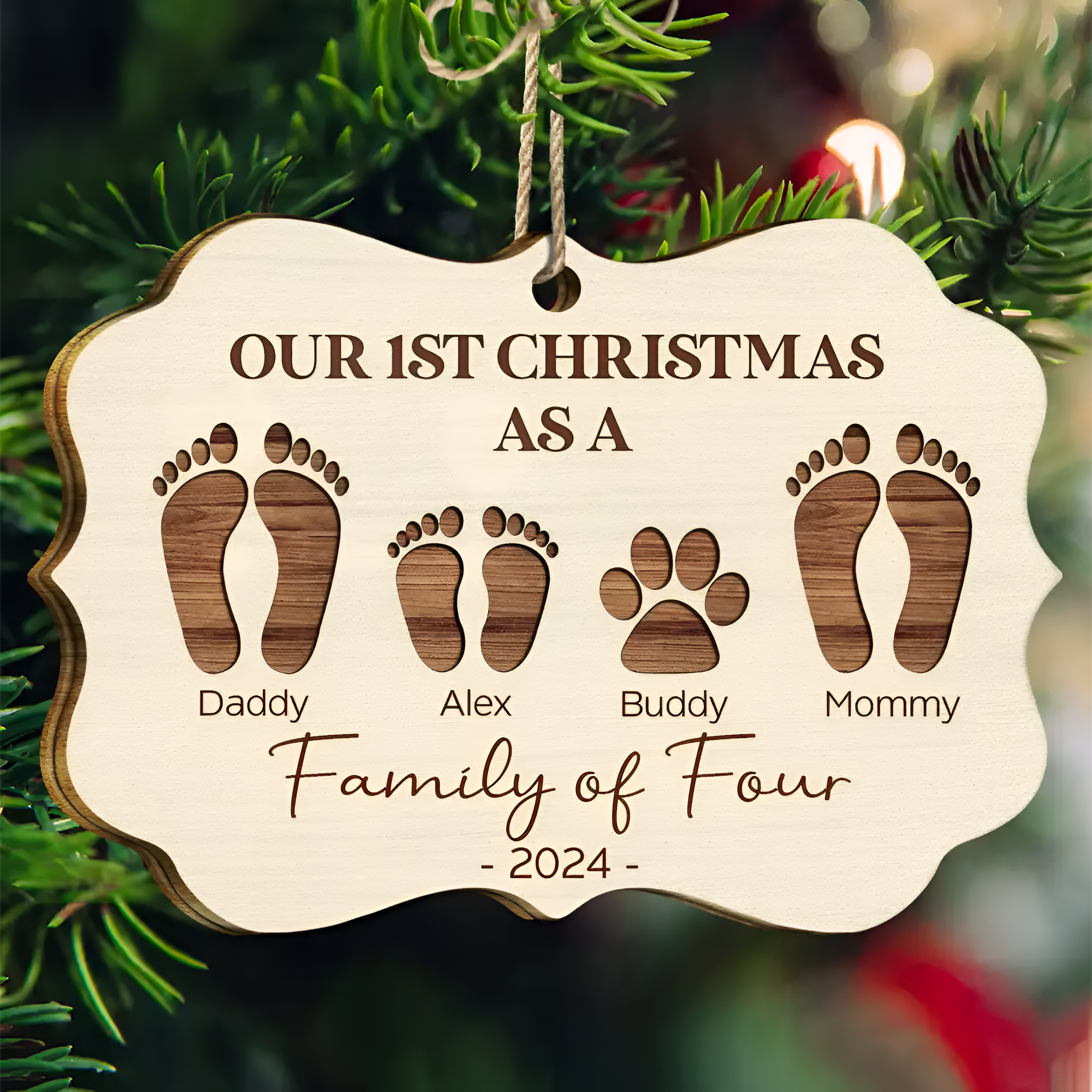 First Christmas As A Family Of Four Footprints - Personalized Medallion Wooden Ornament ORN02101