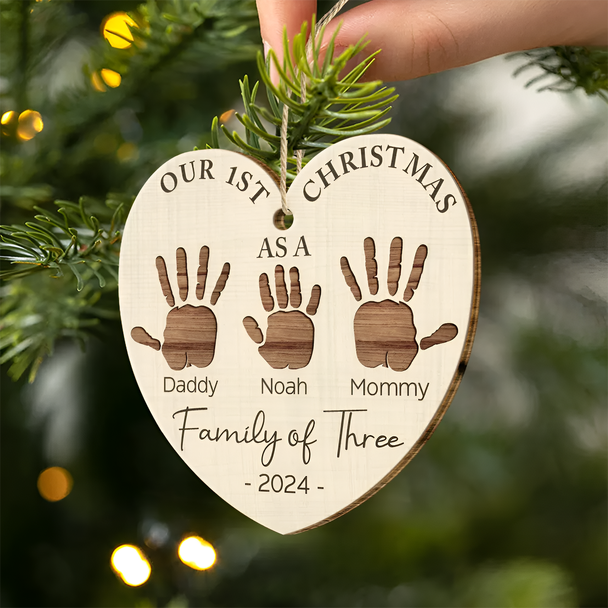 First Christmas As A Family Of Four Handprints - Personalized Custom Shaped Wooden Ornament ORN02101