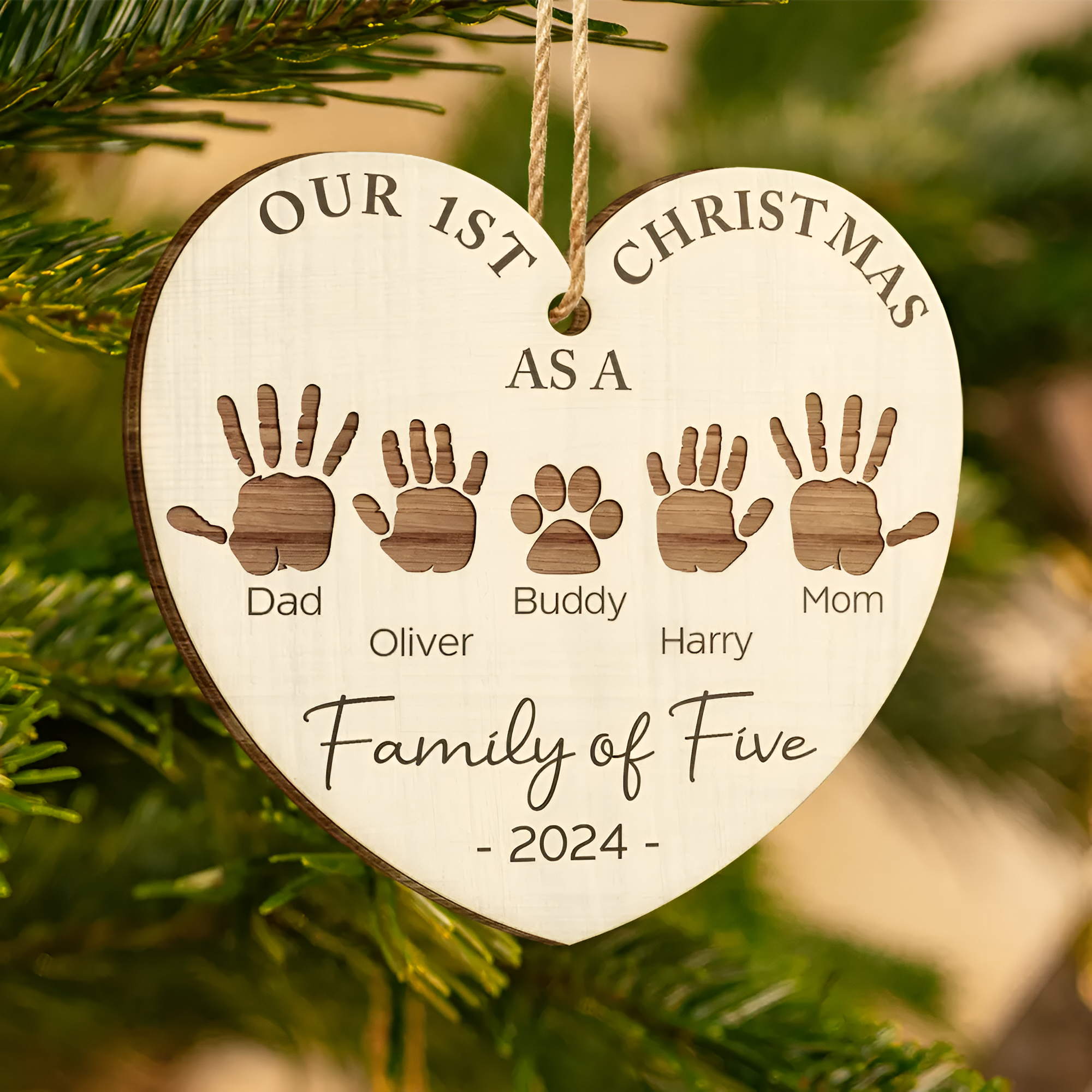 First Christmas As A Family Of Four Handprints - Personalized Custom Shaped Wooden Ornament ORN02101