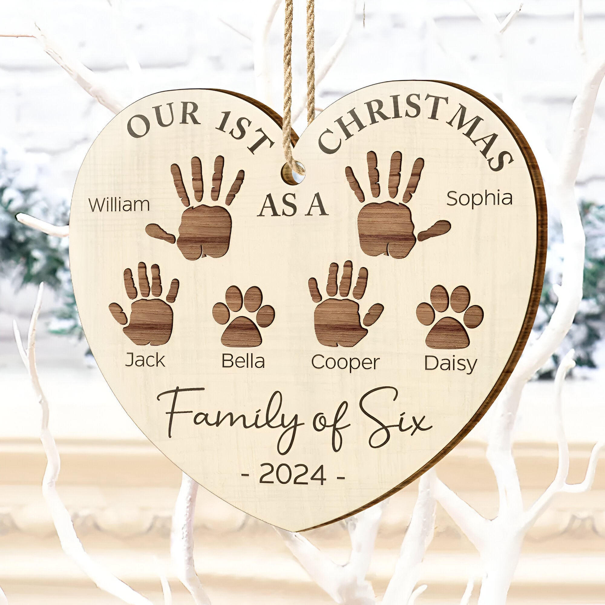 First Christmas As A Family Of Four Handprints - Personalized Custom Shaped Wooden Ornament ORN02101