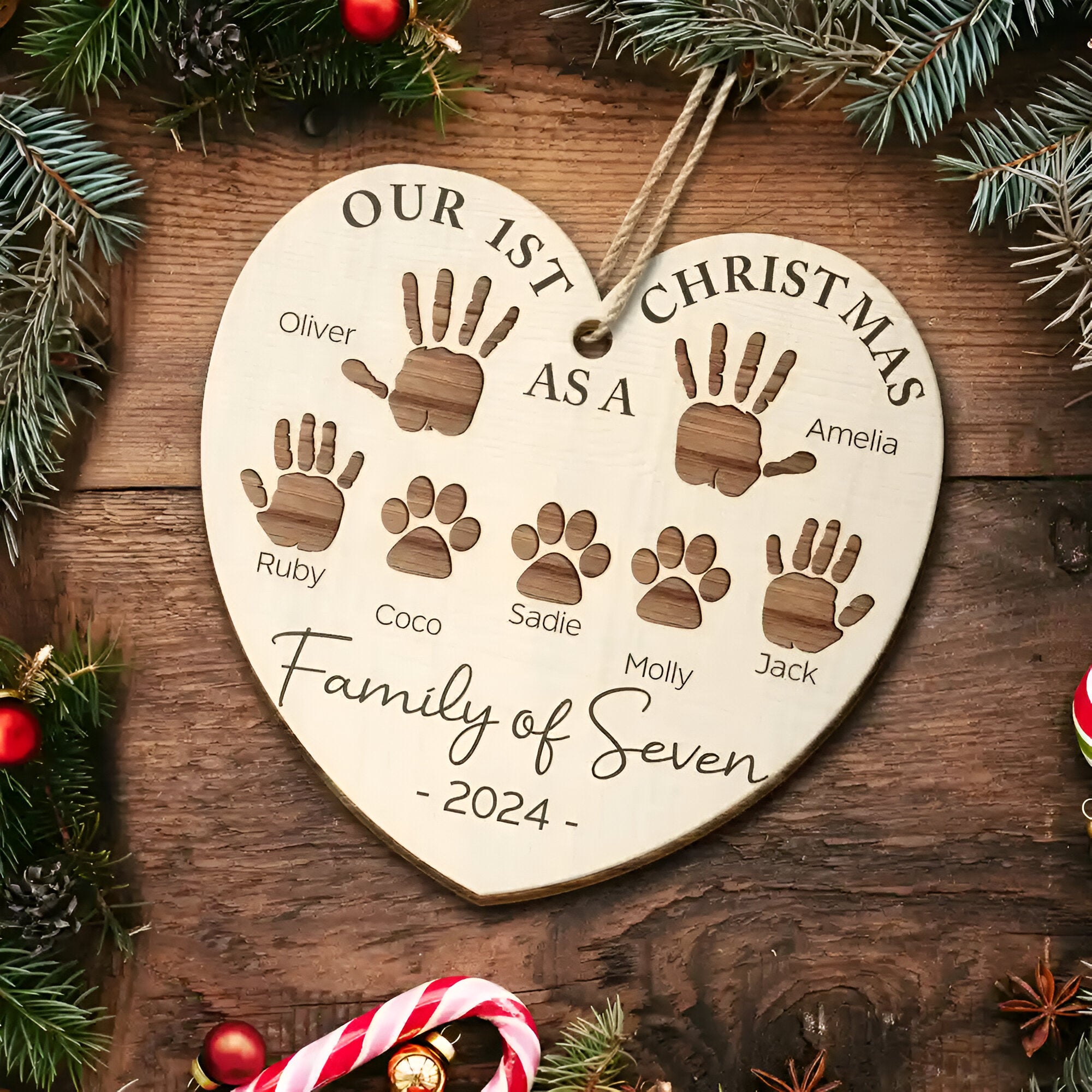 First Christmas As A Family Of Four Handprints - Personalized Custom Shaped Wooden Ornament ORN02101