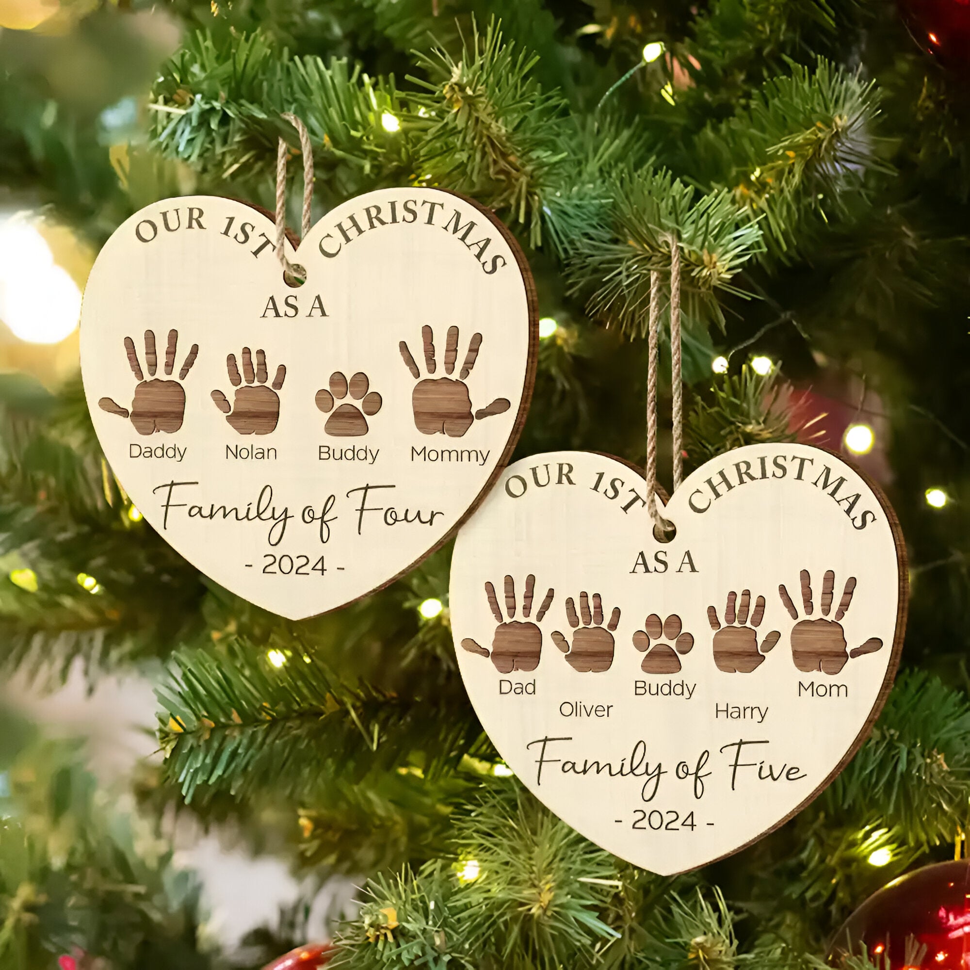 First Christmas As A Family Of Four Handprints - Personalized Custom Shaped Wooden Ornament ORN02101