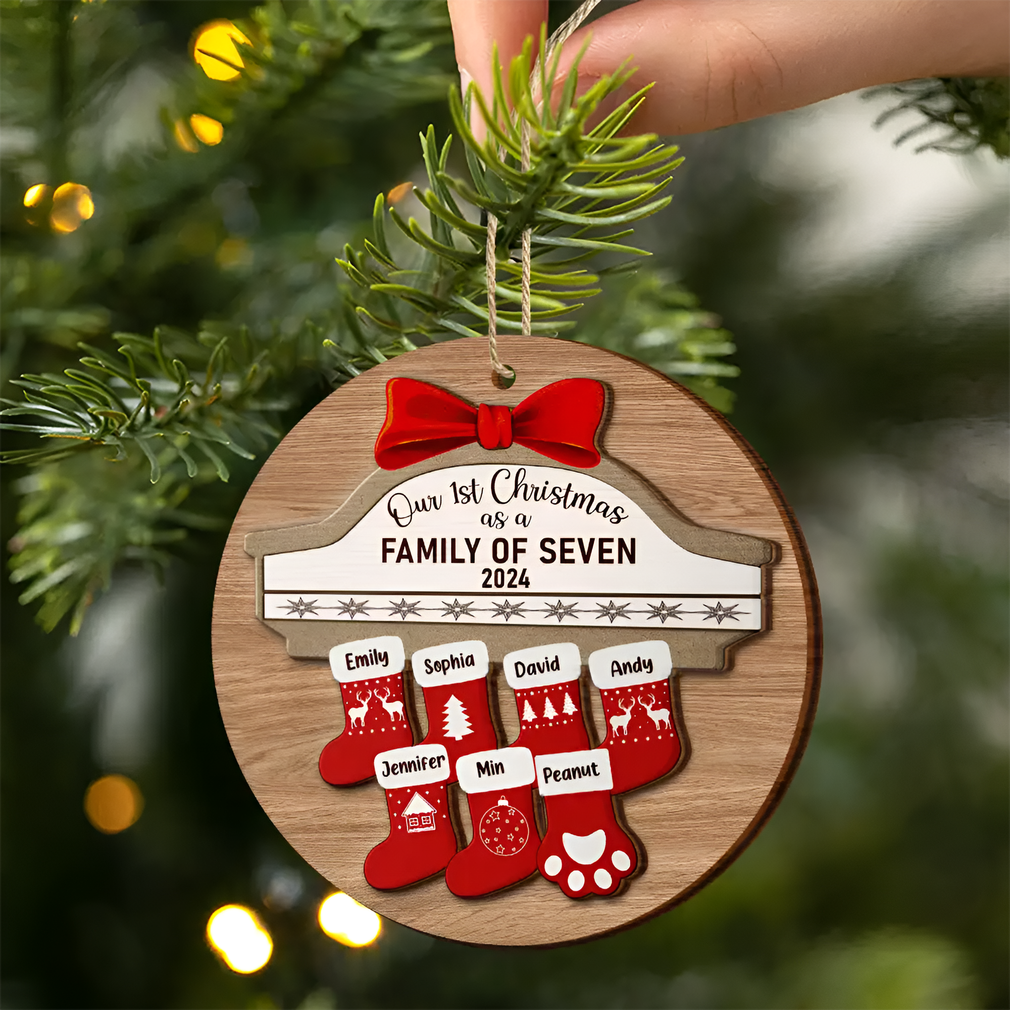 First Christmas As A Family Of Four Stocking Family - Personalized 2-Layered Wooden Ornament ORN02101