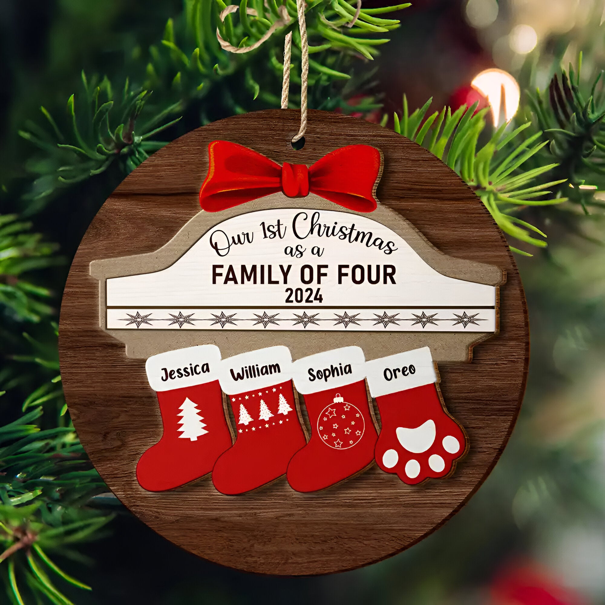 First Christmas As A Family Of Four Stocking Family - Personalized 2-Layered Wooden Ornament ORN02101