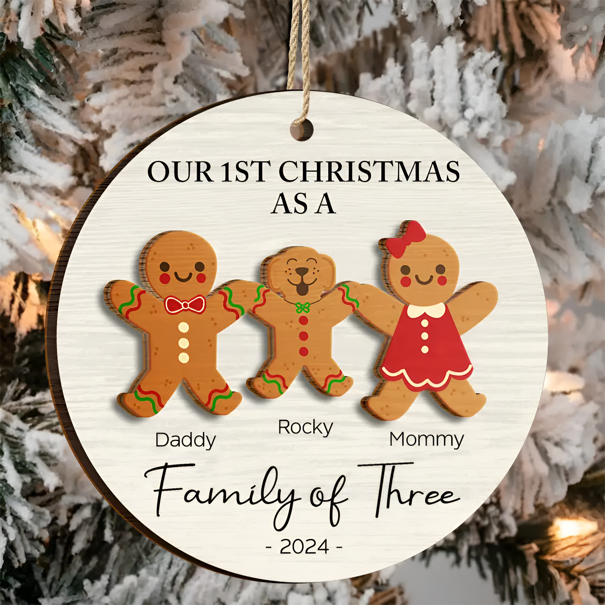 First Christmas As A Family Of Three Gingerbread - Personalized 2-Layered Wooden Ornament ORN0210