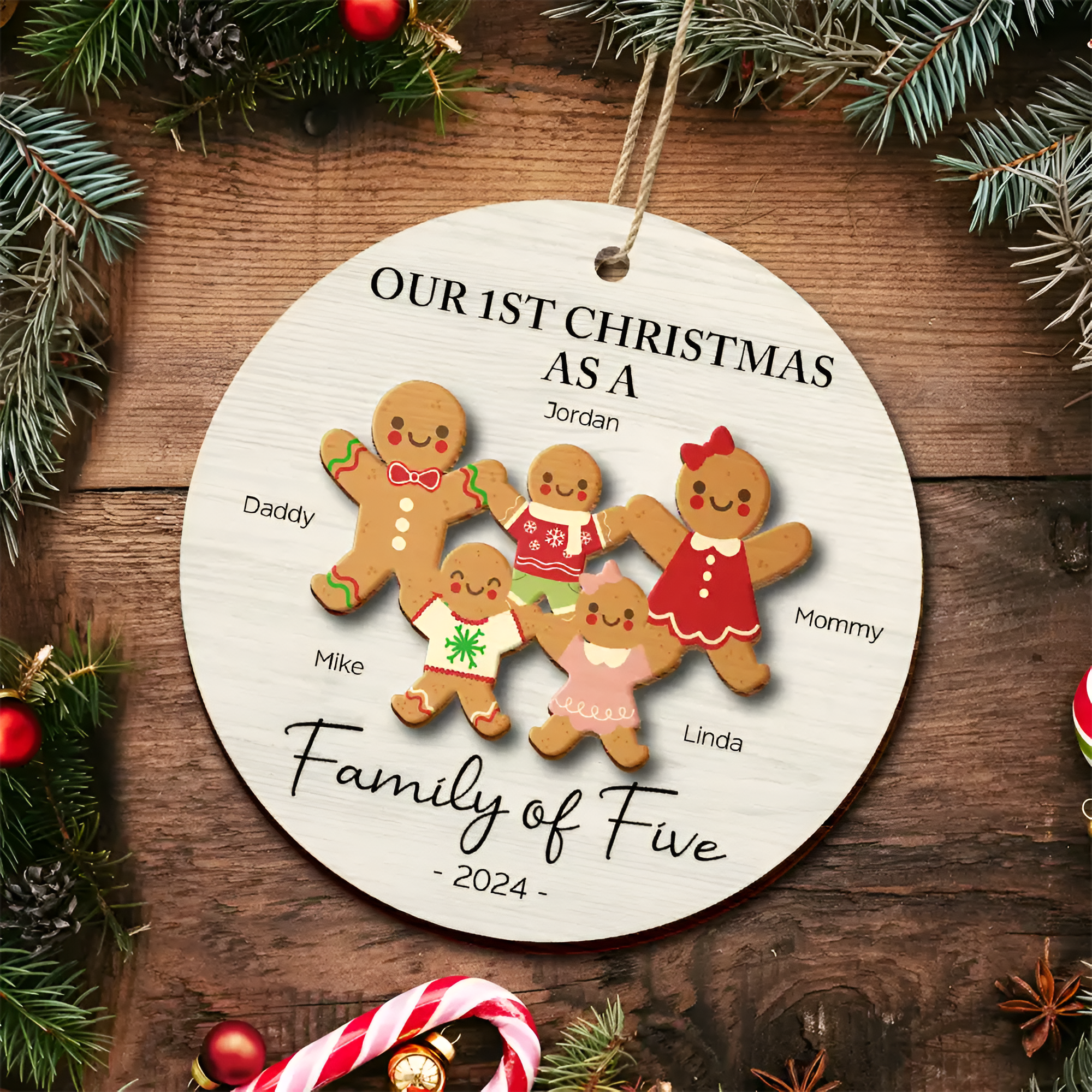 First Christmas As A Family Of Three Gingerbread - Personalized 2-Layered Wooden Ornament ORN0210
