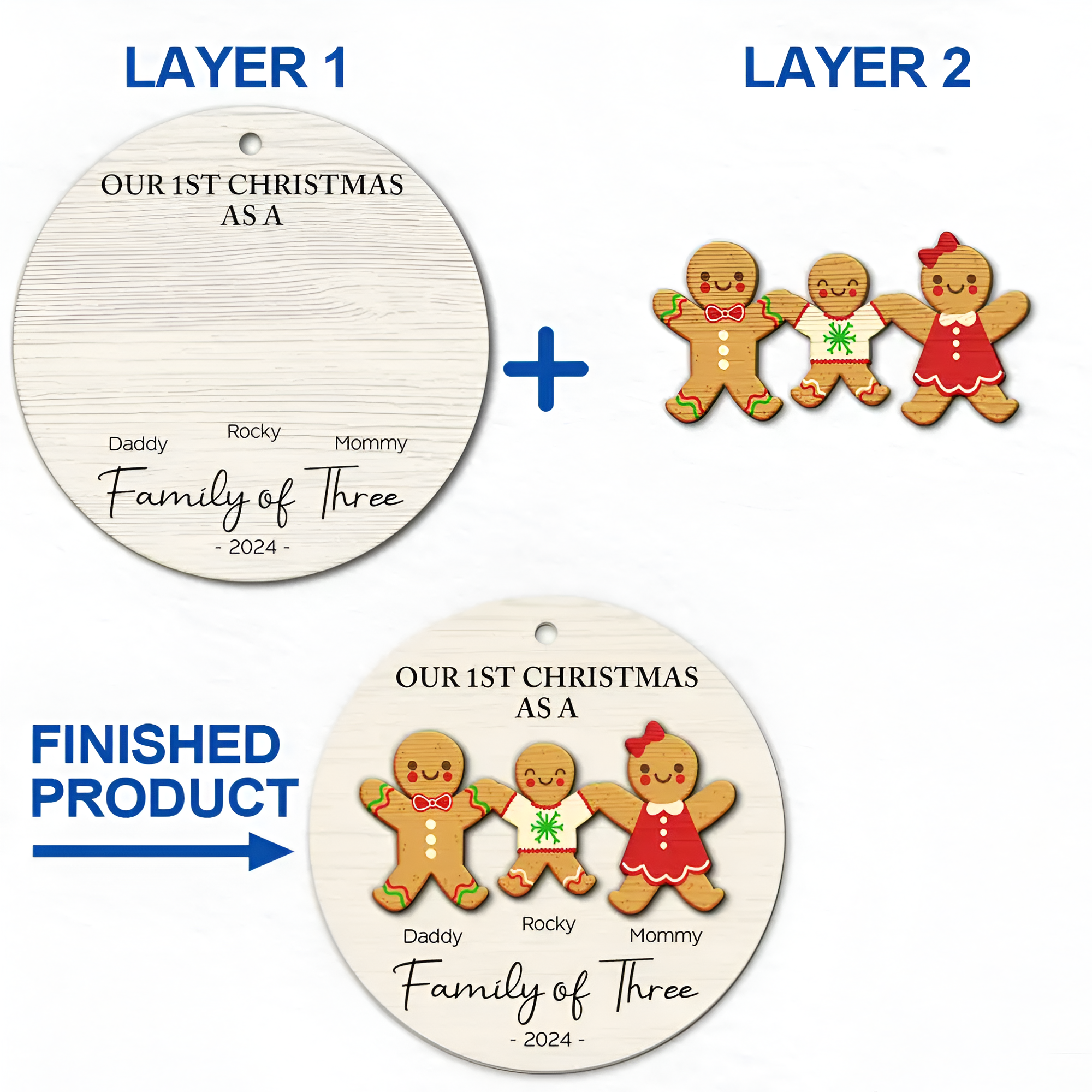 First Christmas As A Family Of Three Gingerbread - Personalized 2-Layered Wooden Ornament ORN0210