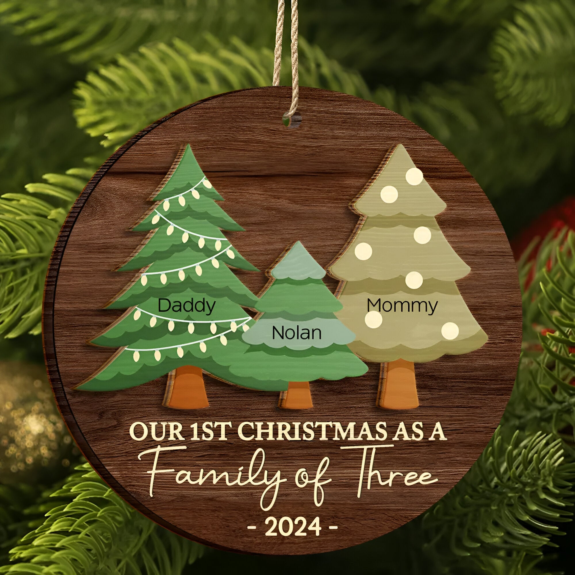 First Christmas As A Family Of Three - Personalized 2-Layered Wooden Ornament ORN0210