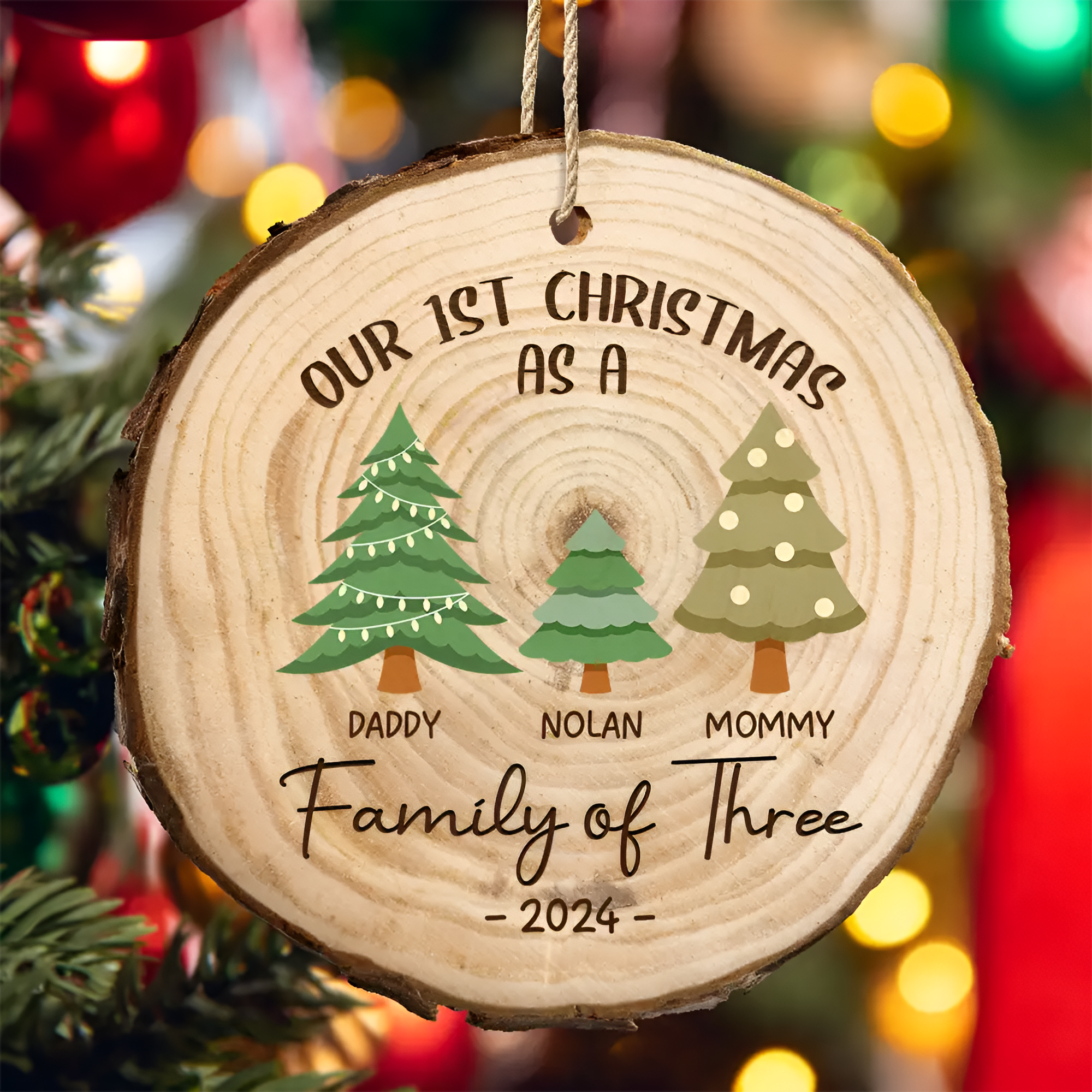 First Christmas As A Family Of Three - Personalized Wood Slice Ornament ORN0310