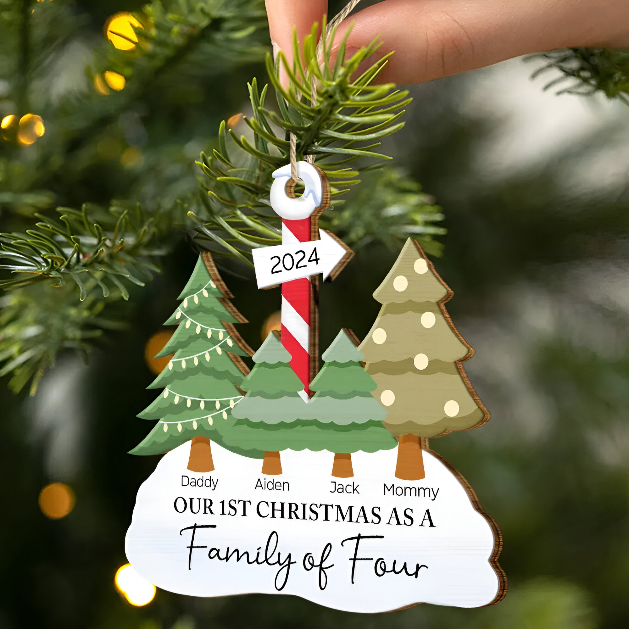 First Christmas As A Family Of Three - Personalized Wooden Cutout Ornament ORN0310