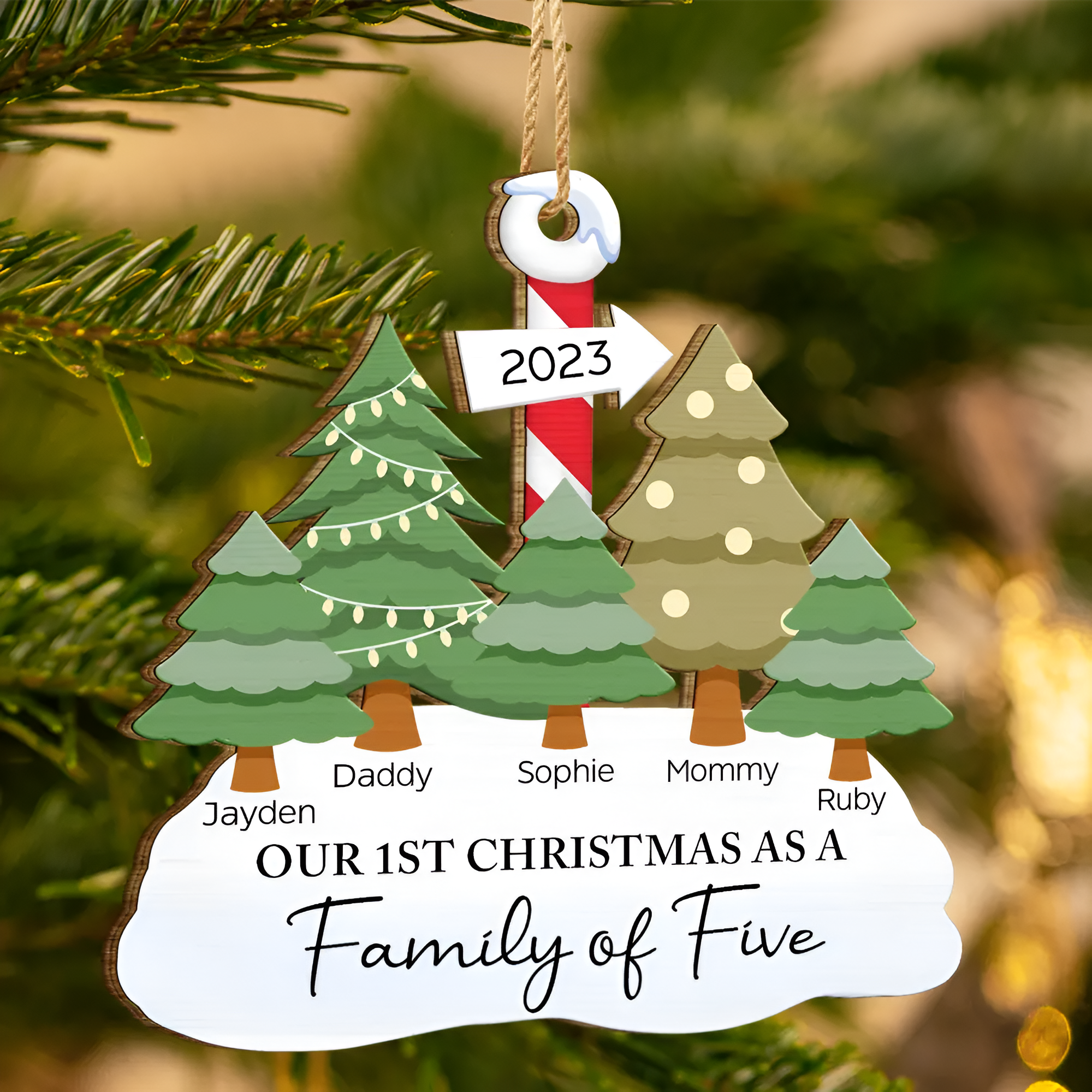 First Christmas As A Family Of Three - Personalized Wooden Cutout Ornament ORN0310