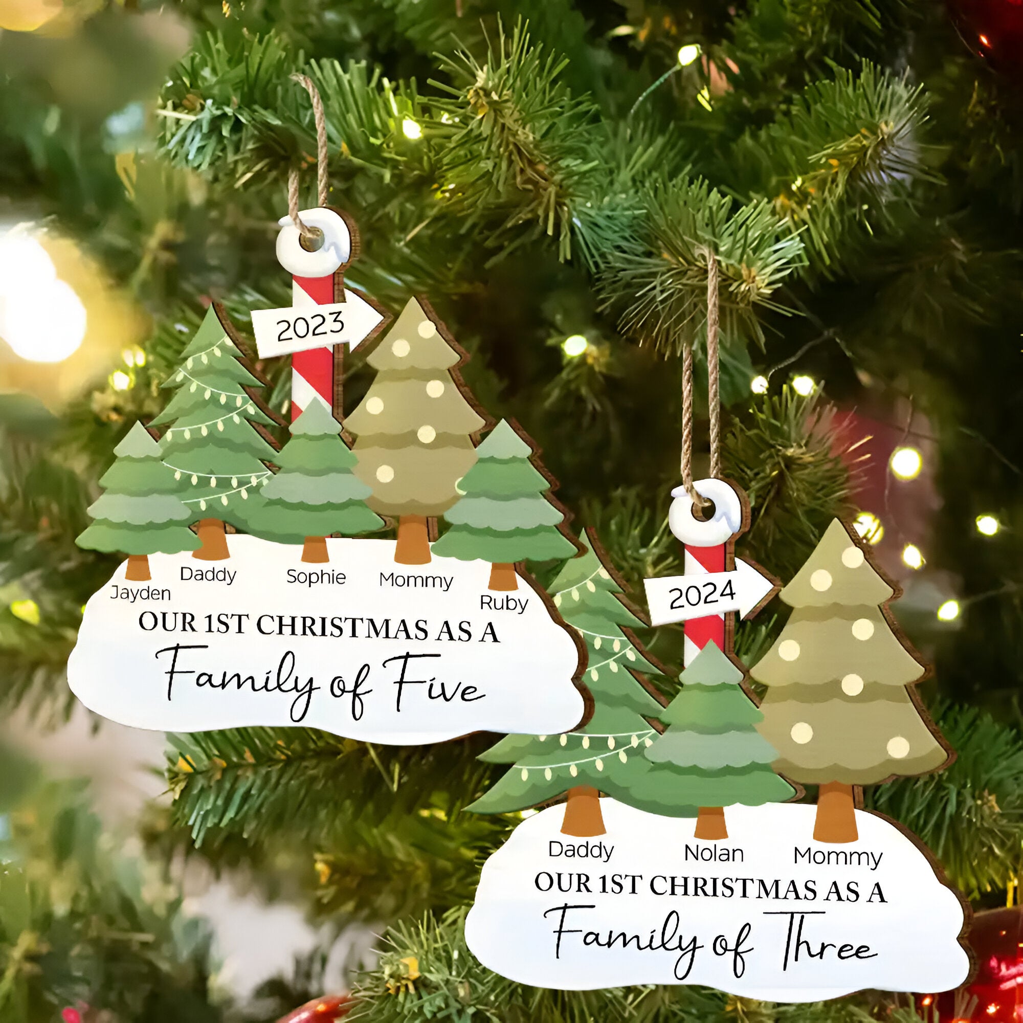 First Christmas As A Family Of Three - Personalized Wooden Cutout Ornament ORN0310