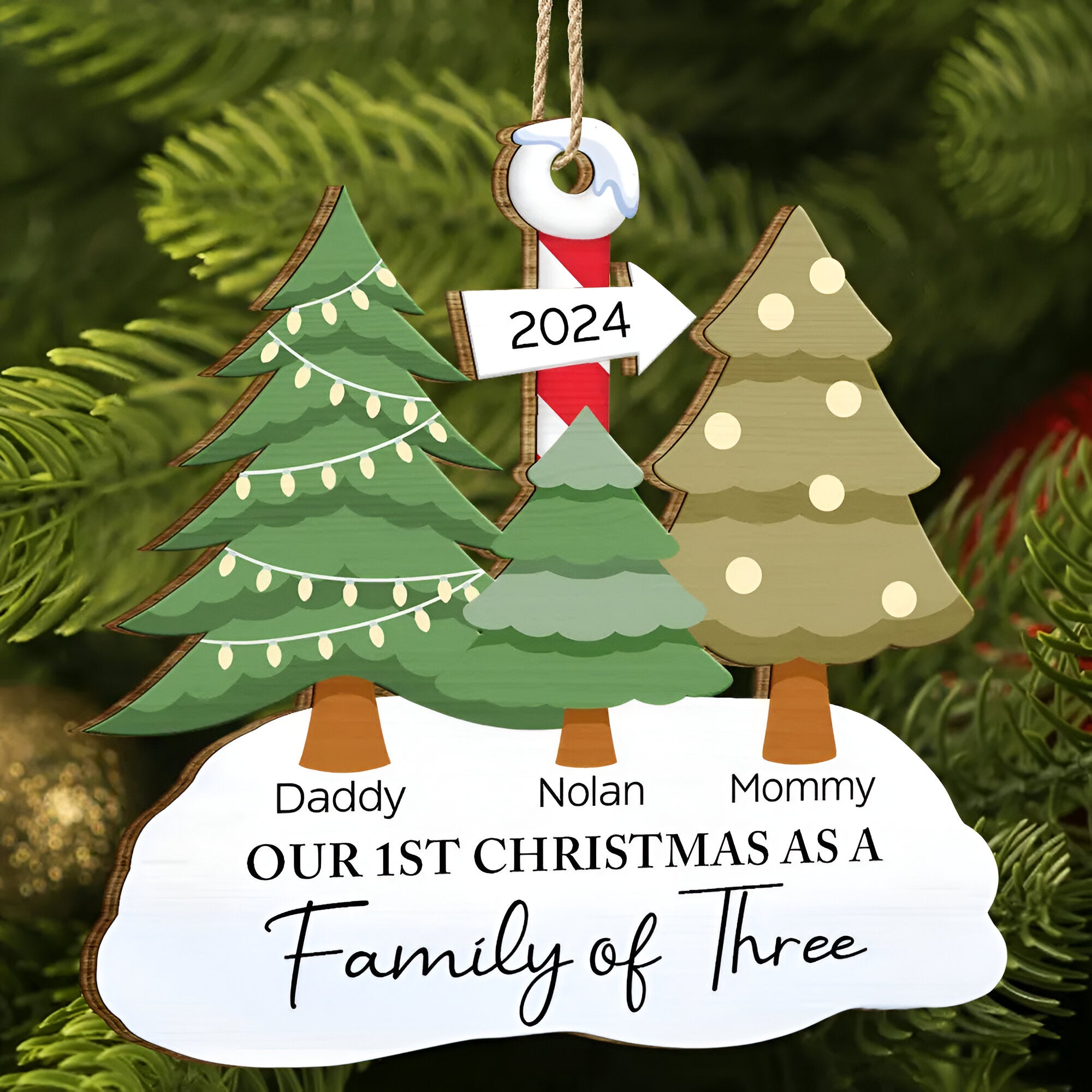 First Christmas As A Family Of Three - Personalized Wooden Cutout Ornament ORN0310