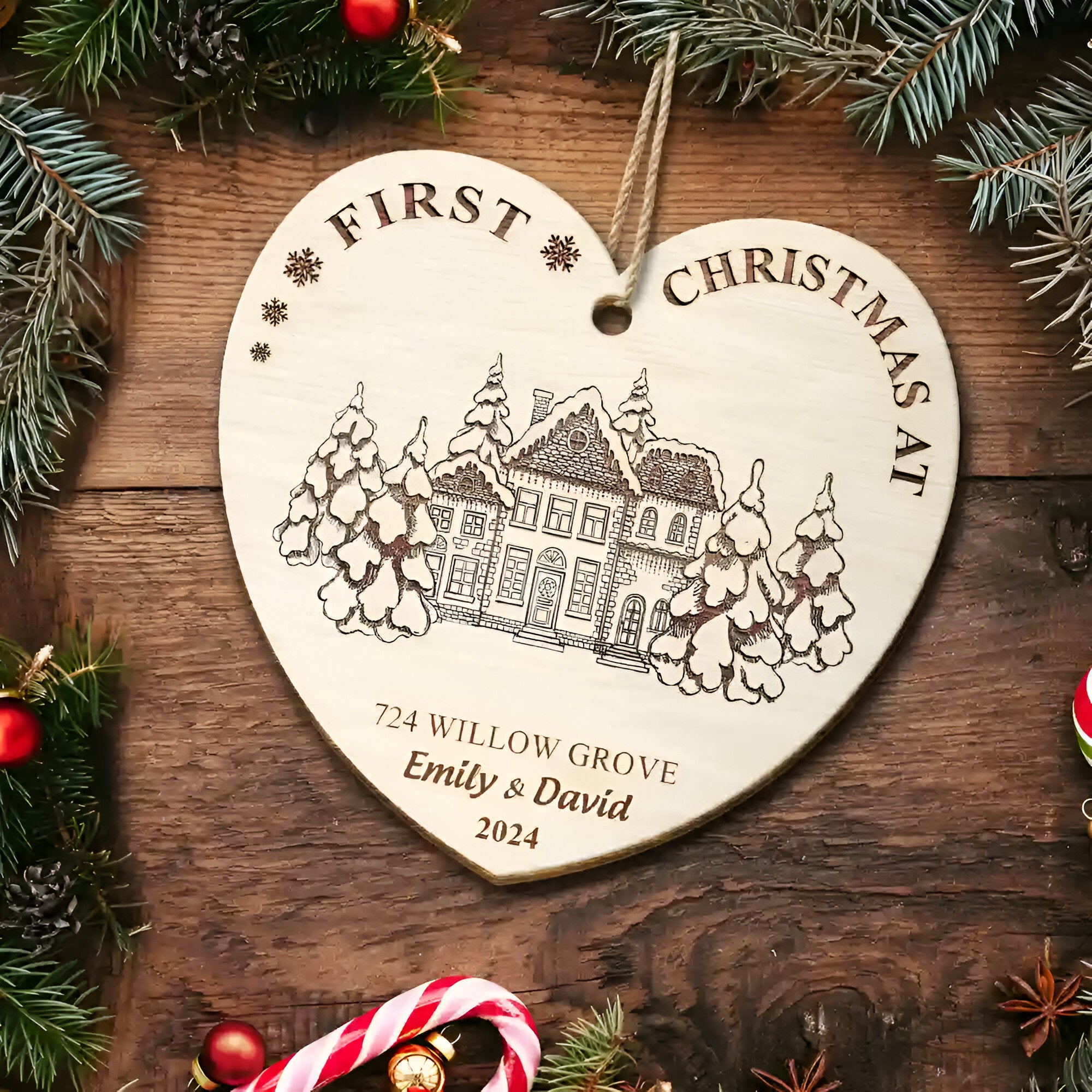 First Christmas In Our New Home - Personalized Custom Shaped Wooden Ornament 1 ORN0210