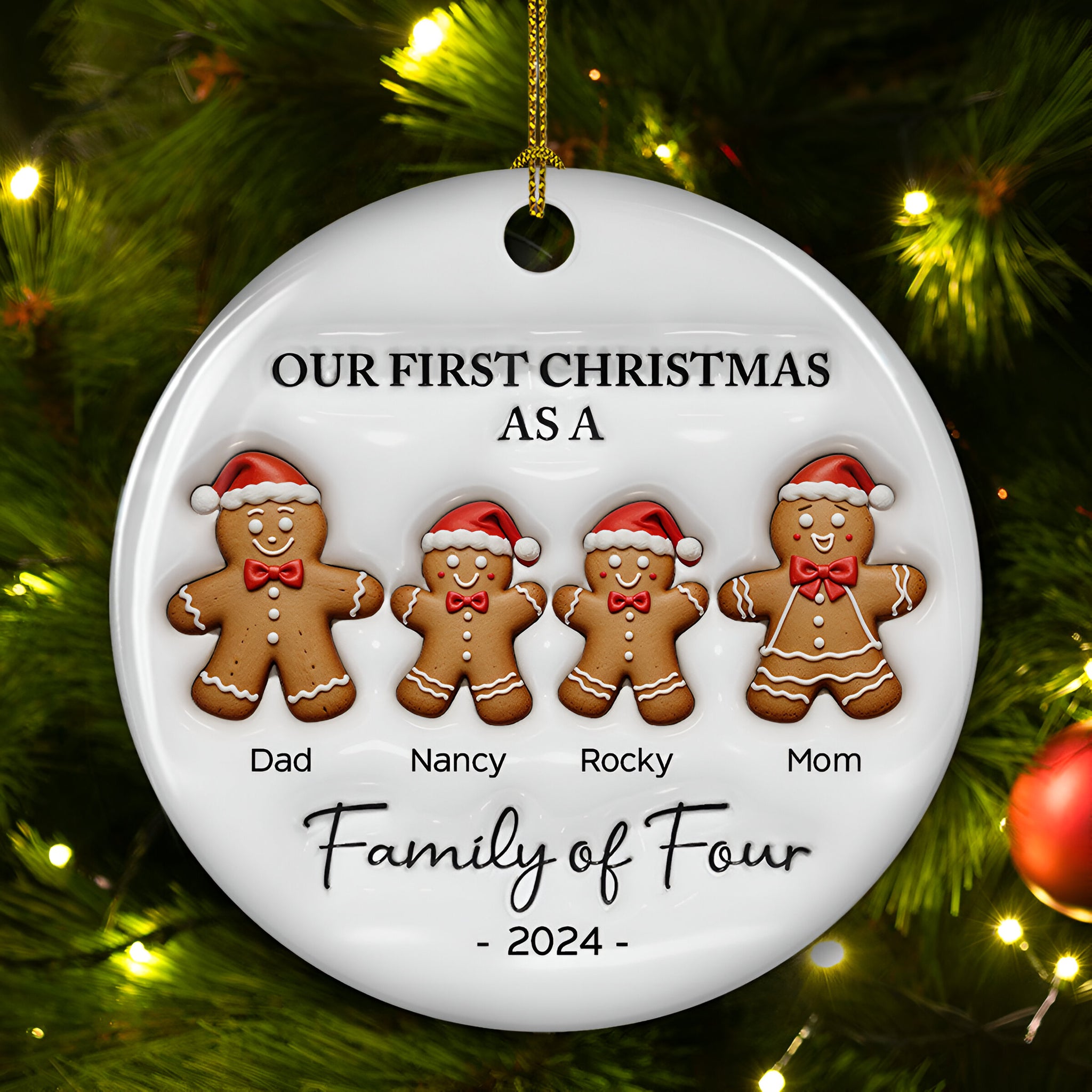First Christmas As A Family Of Three Gingerbread - Personalized Custom 3D Inflated Effect Ceramic Ornament ORN0710