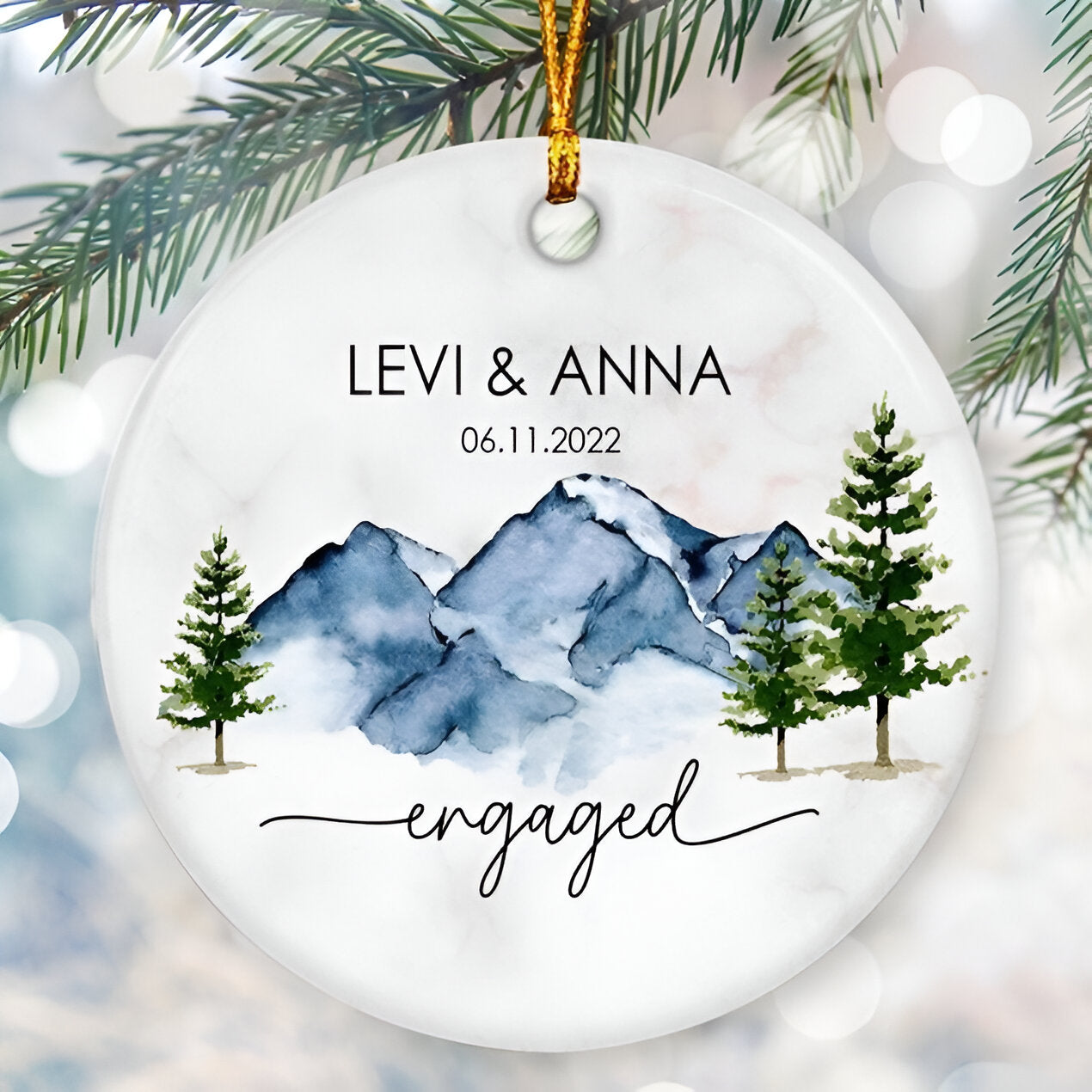 First Christmas Engaged, Personalized Ornament, Watercolor Mountain Ornament, Christmas Gift For Couple, Engagement Wedding Gifts ORN0110